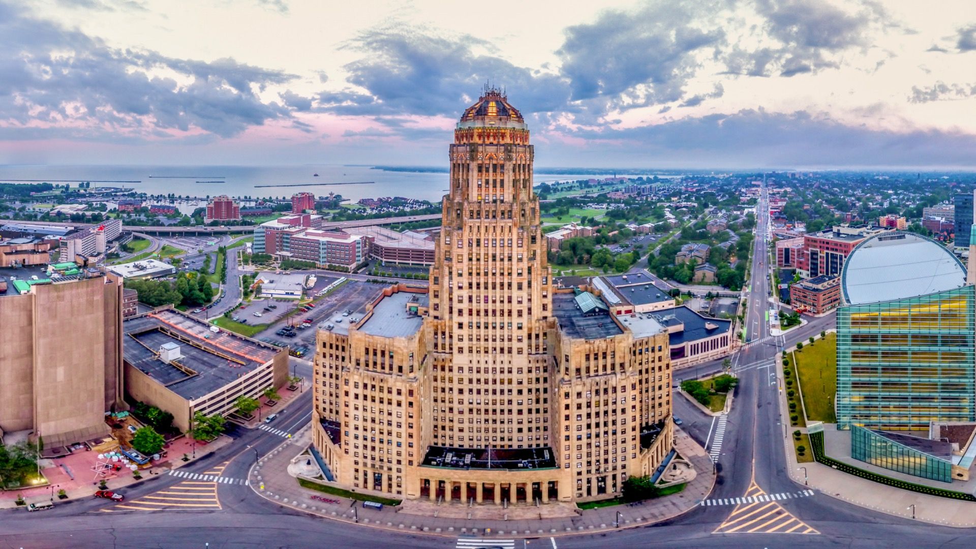 Aerial panorama of downtown Buffalo, New York, overlooking the city