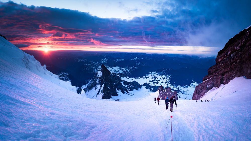 Climbers attempt to summit Mount Rainier in Washington on the Camp Muir Route, WA, USA