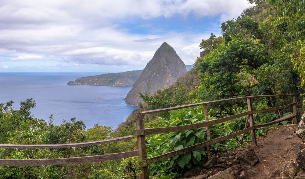 A striking viewpoint of the Pitons from a hiking trail in St Lucia