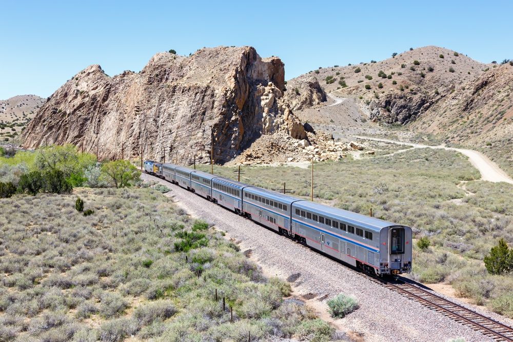 Amtrak Southwest Chief passenger train railway in Los Cerrillos New Mexico, United States