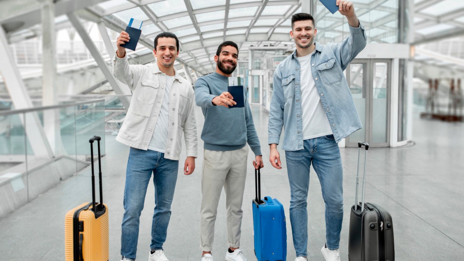 Three Joyful Guys With Travel Suitcases Holding Their Passports