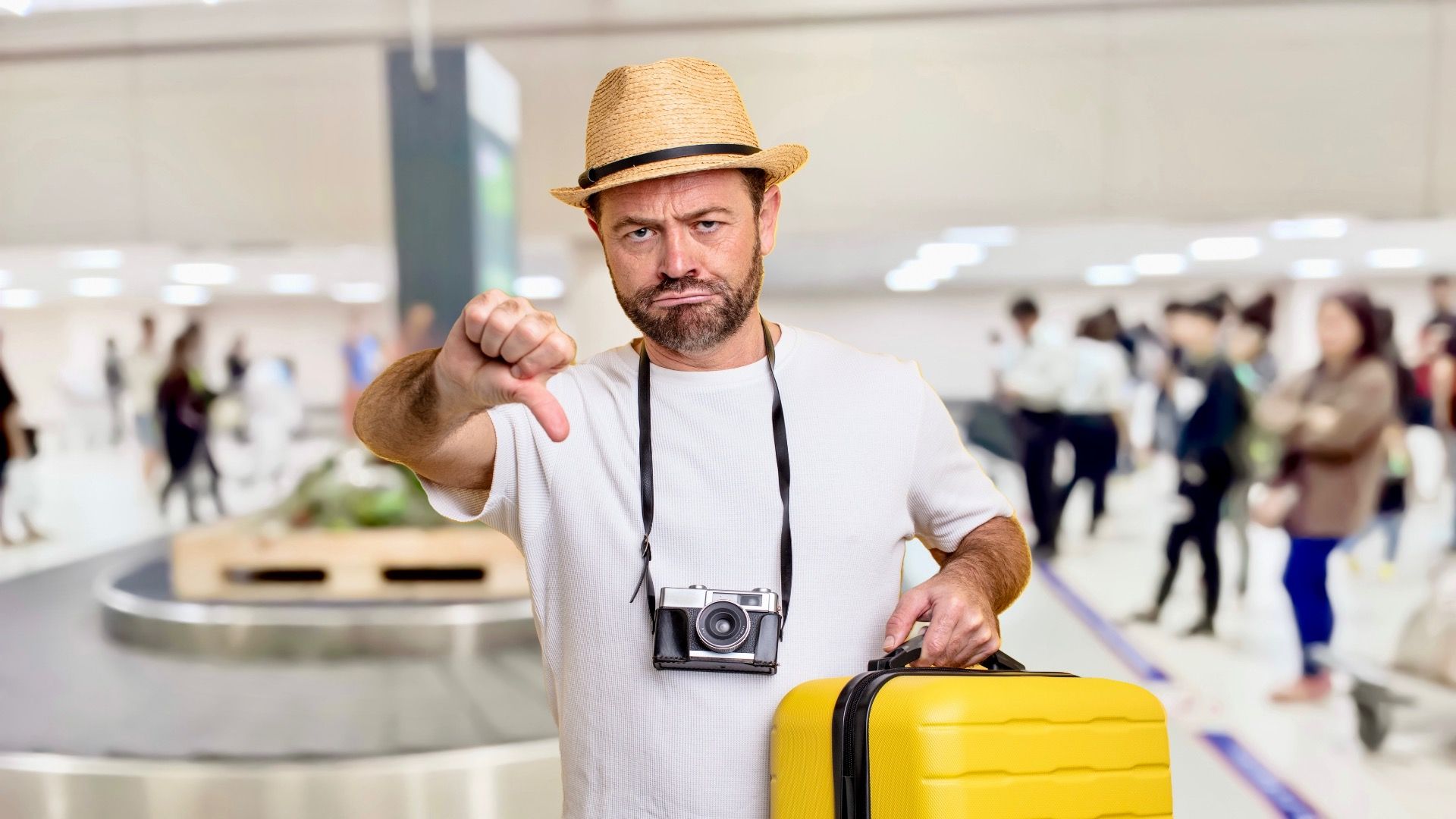 Blurred abstract background of travelers waiting for their luggage - conveyor belt - airport