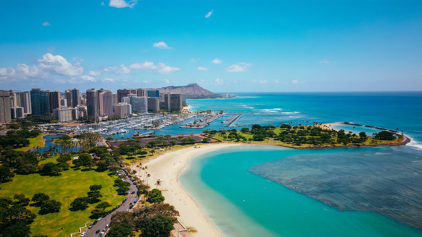 Aerial view of Ala Moana Beach Park, Honolulu, Oahu, Hawaii