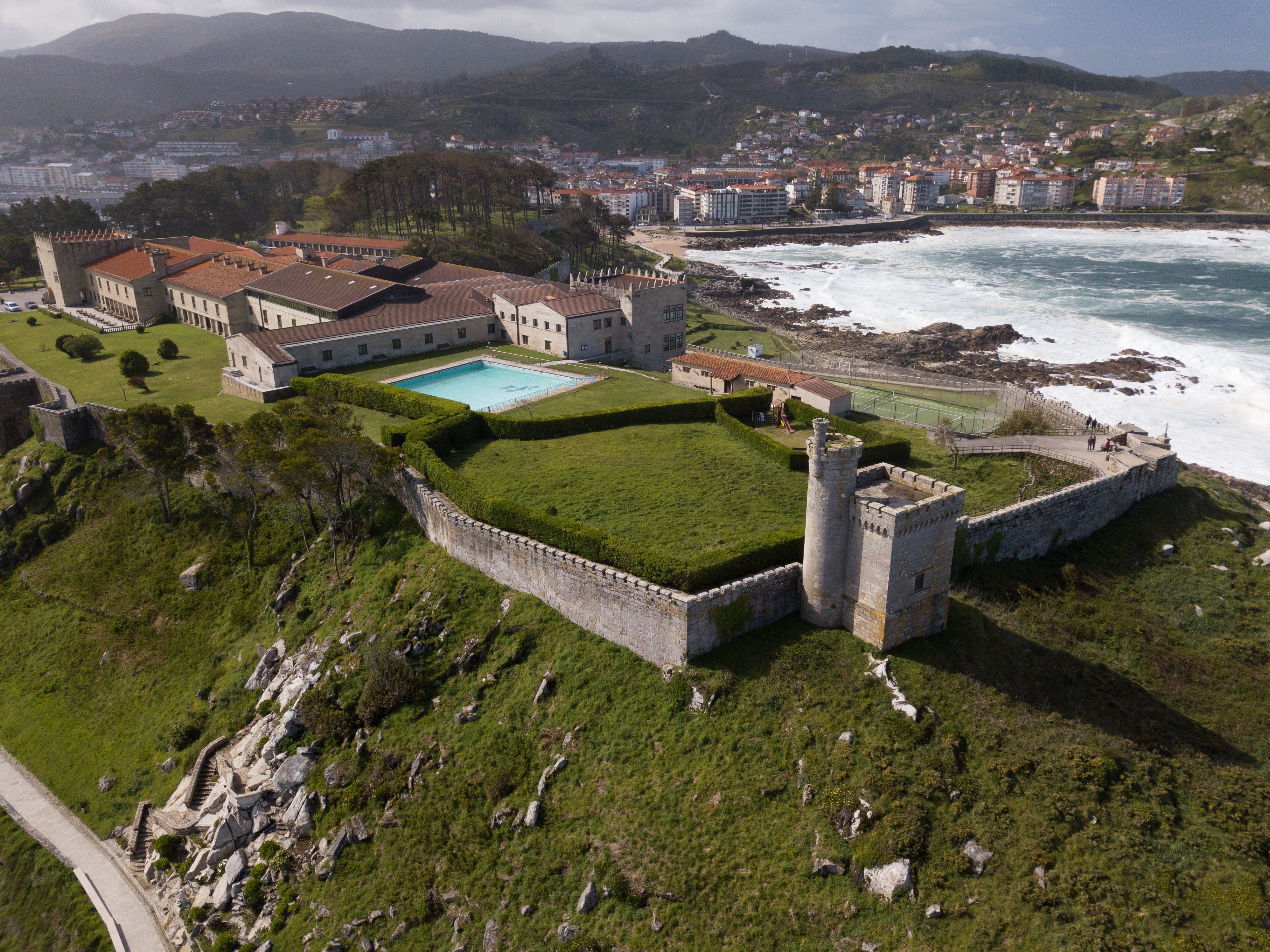 The Village of Baiona, located in Galicia, Spain, the fortress and the Virxe da Roca.