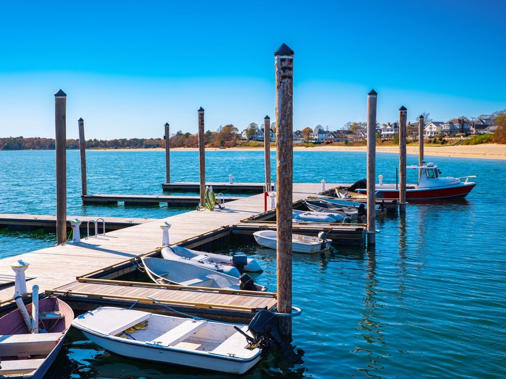 Onset Beach Marina with moored boats and dock at the harbor in Wareham, Massachusetts, USA