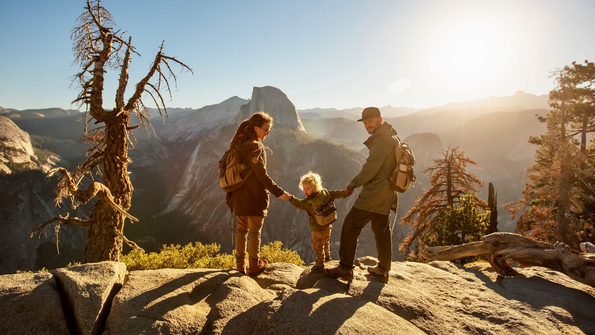 Family hiking near Half Dome at Yosemite