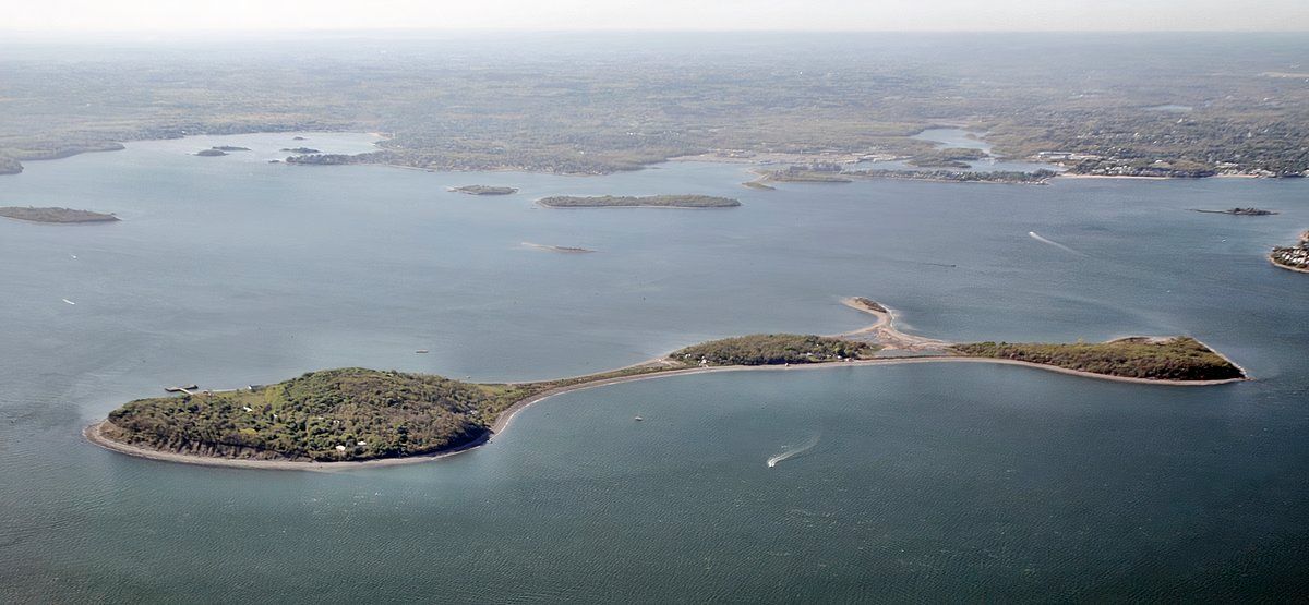 Peddocks Island (looking southwesterly). The remains of Fort Andrews, on East Head, are on the left.