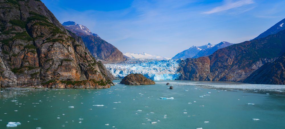 Panoramic view of South Sawyer Glacier at the end of Tracy Arm Fjord in southeast Alaska, USA