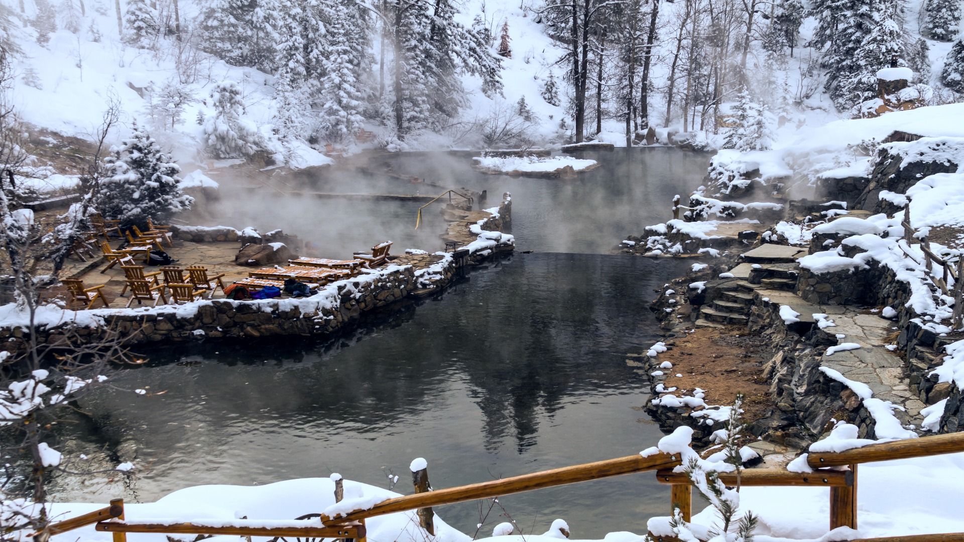 Snow in the winter at Strawberry Park Hot Springs, Colorado, CO, USA