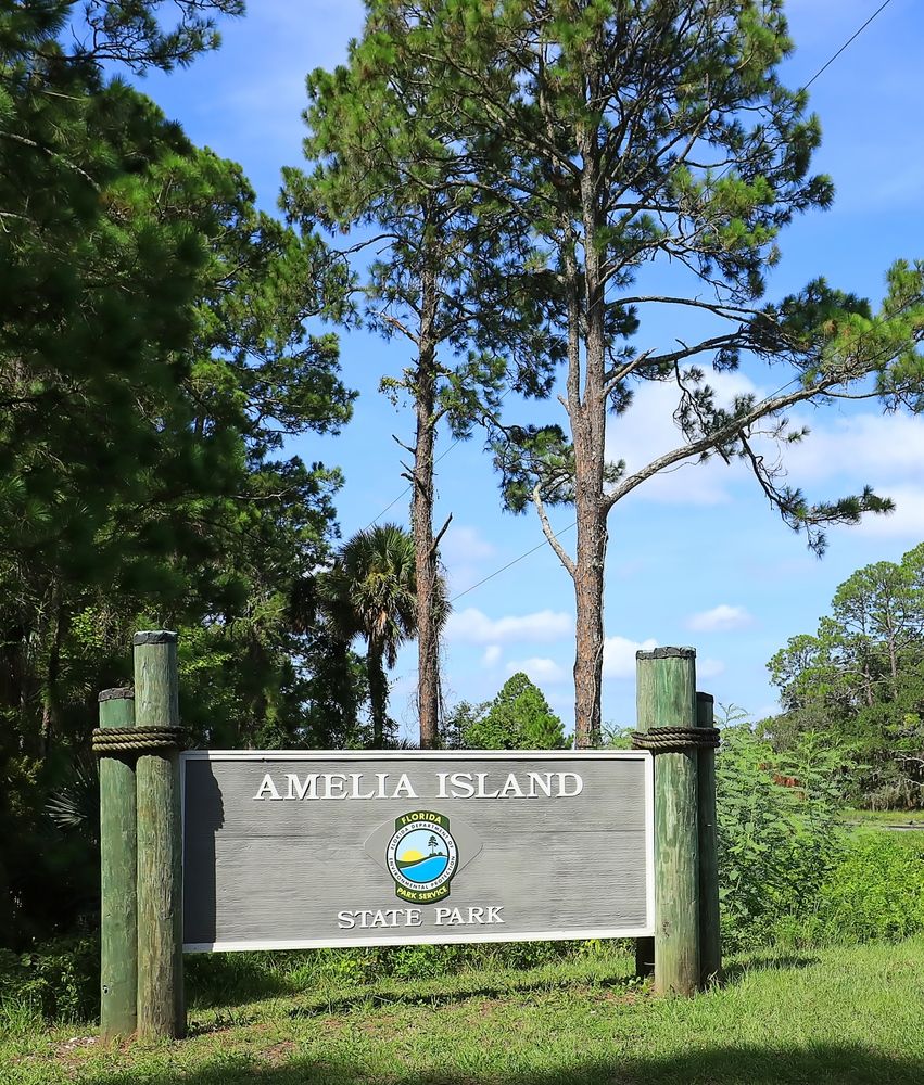 AMELIA ISLAND, FLORIDA, USA: Amelia Island State Park sign, Amelia Island Park is a public park with 200 acres of unspoiled wilderness and horseback riding on the beach