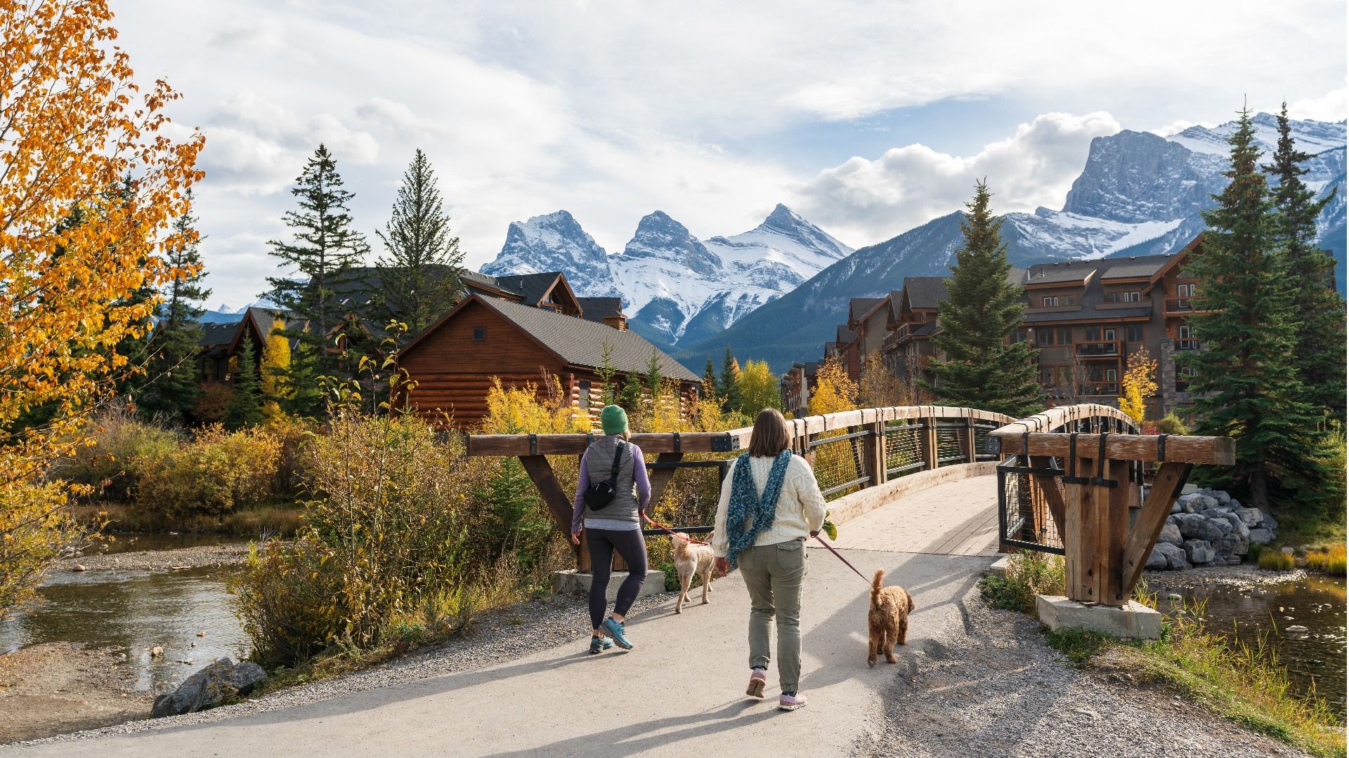 Residents walking the dogs in Town of Canmore in fall season, in Alberta, Canada