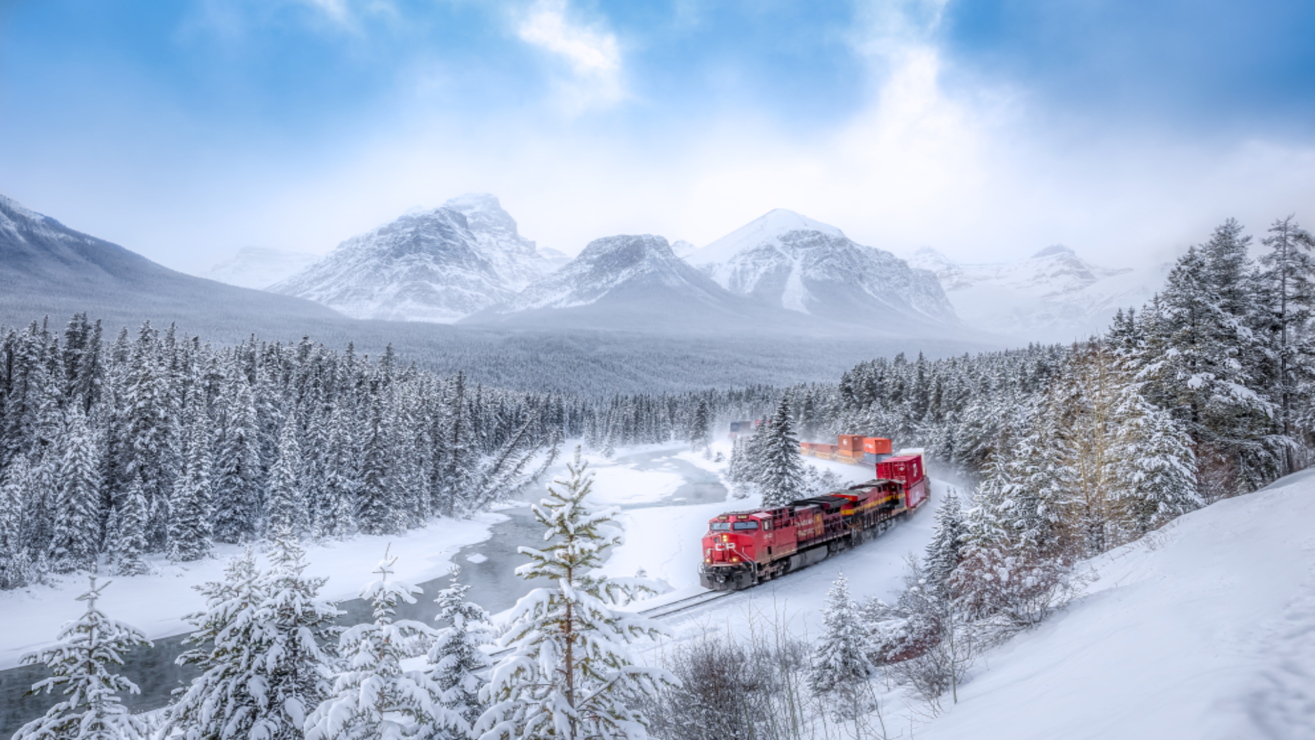 Iconic freight train moves through Canadian mountains