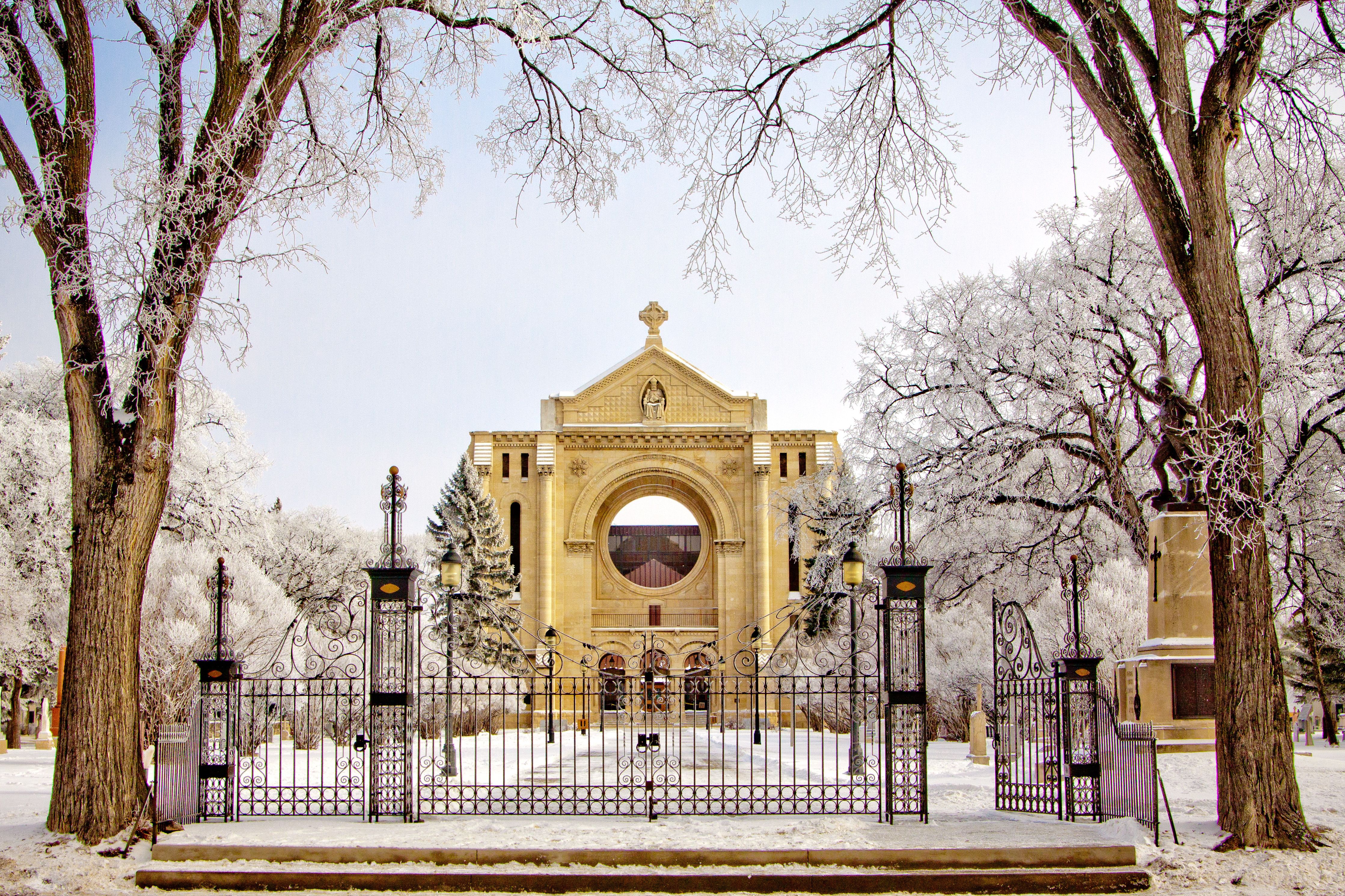 St. Boniface cathedral winter morning hoar frost snow ice Winnipeg Manitoba Canada