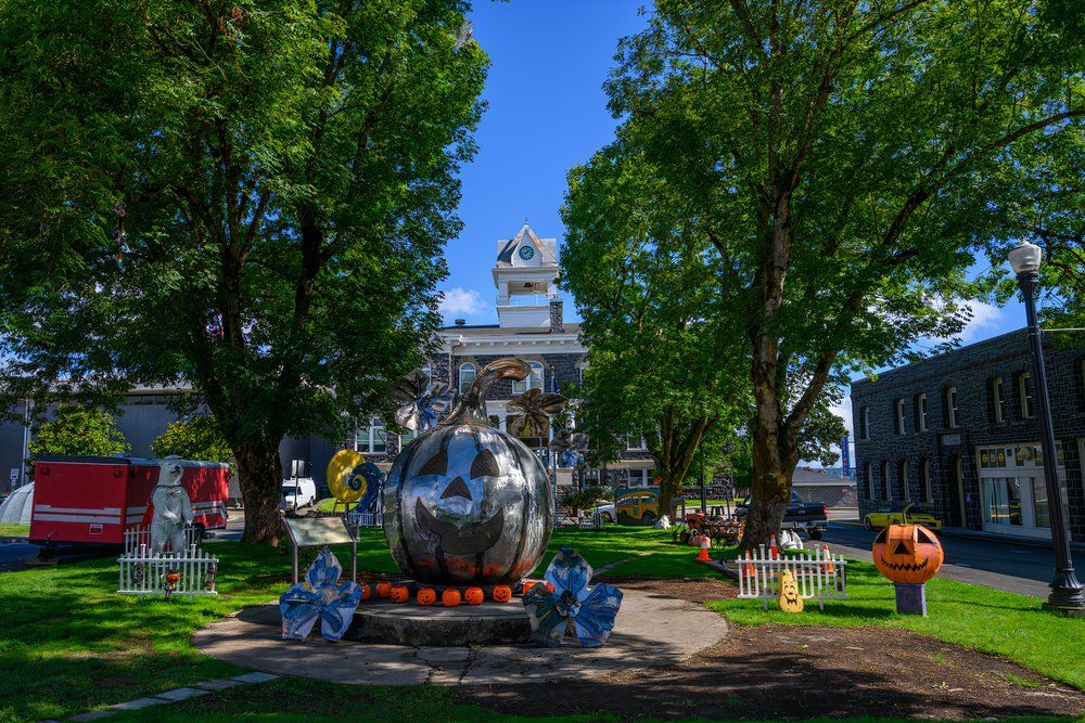 Halloween decorations in front of the old courthouse in St. Helens, OR