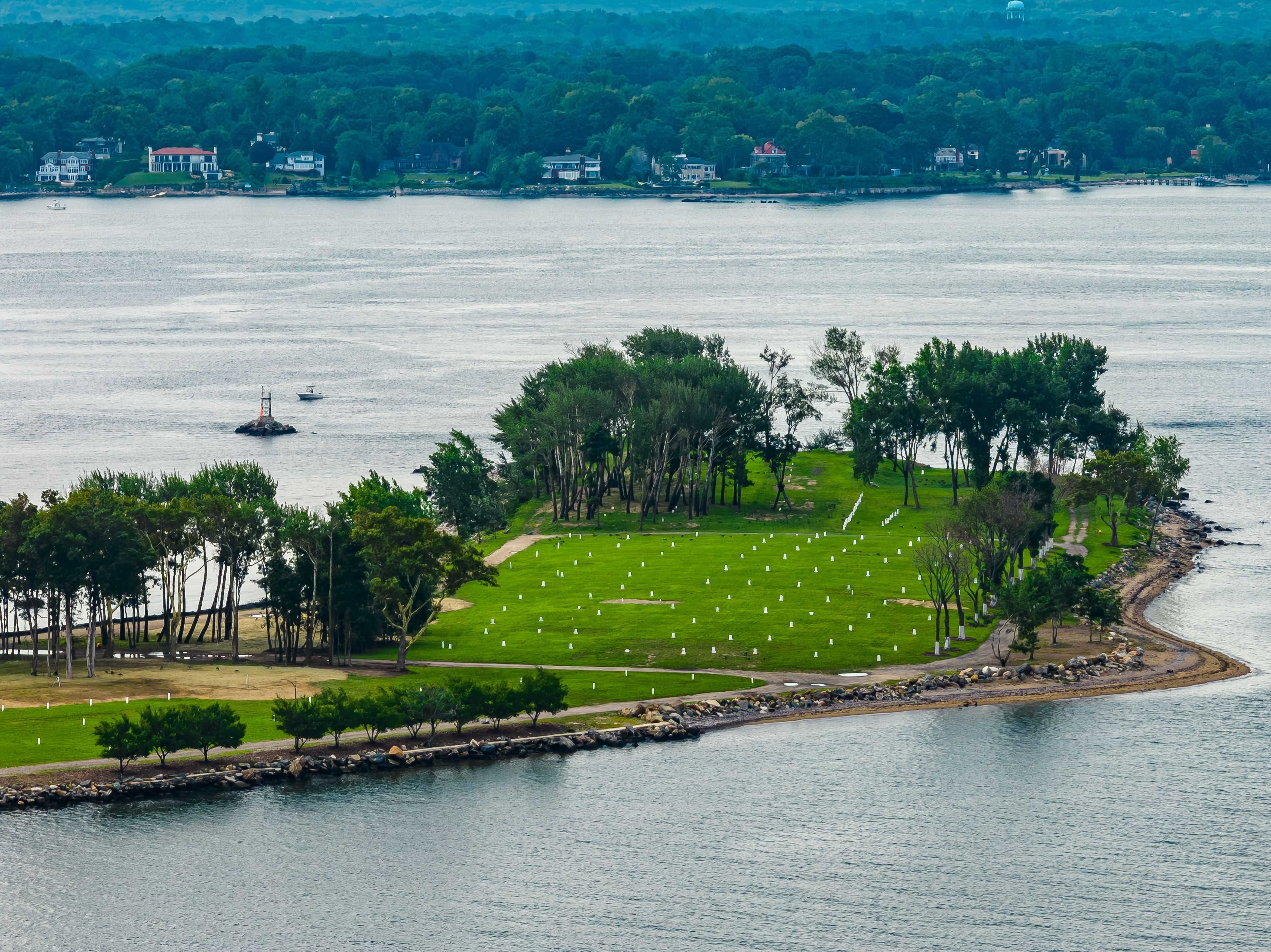 View of Hart Island in the Long Island Sound in the Bronx, New York City, NYC, USA