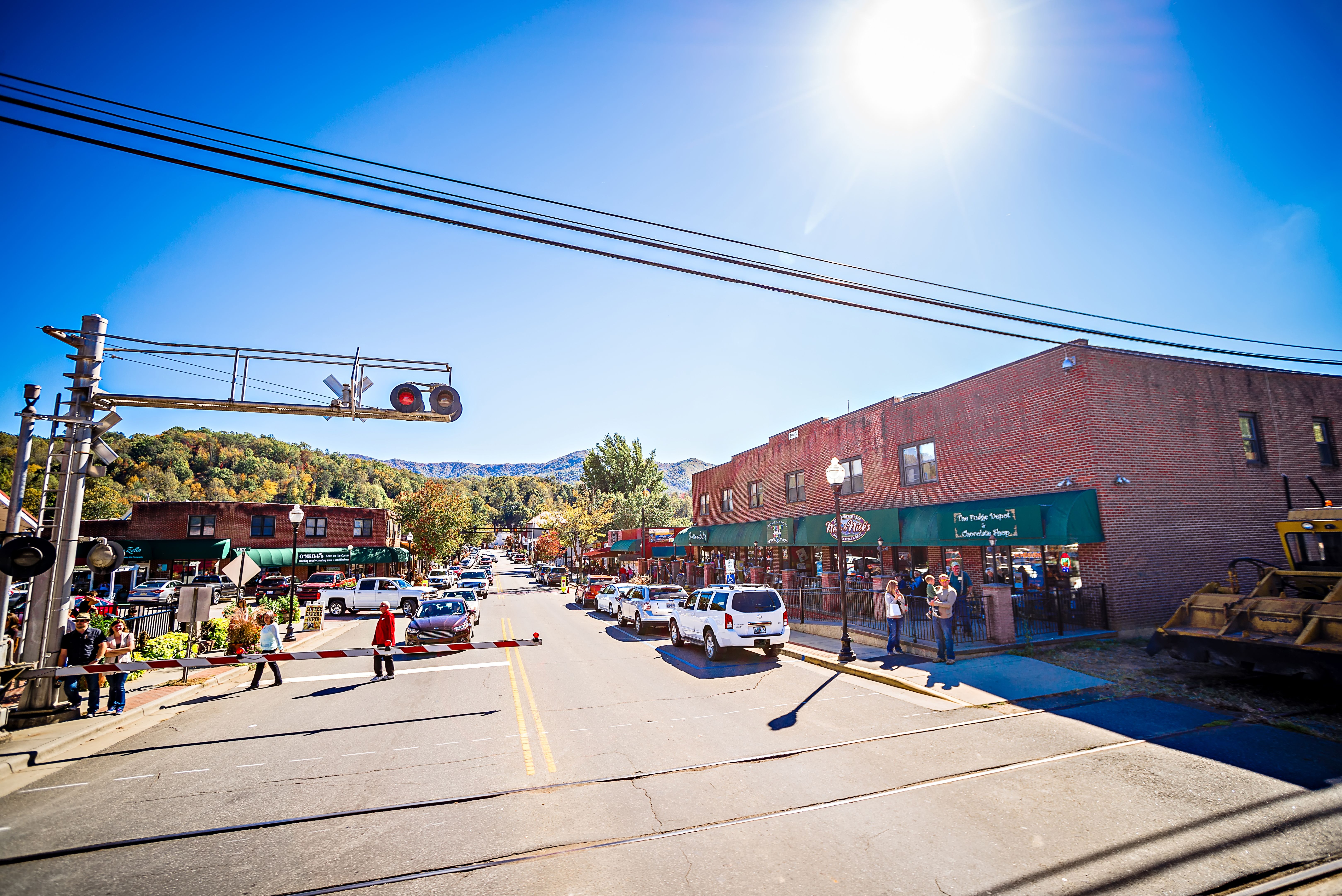 Shops along a street in Bryson city, NC