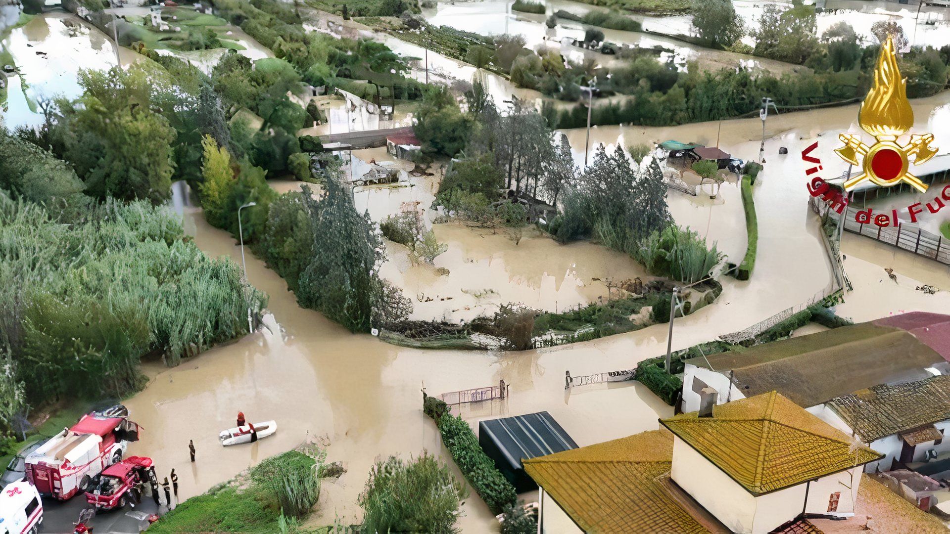 Drone shot of flooding in Elsa region, Italy. Image credit, Vigili del Fuoco-1