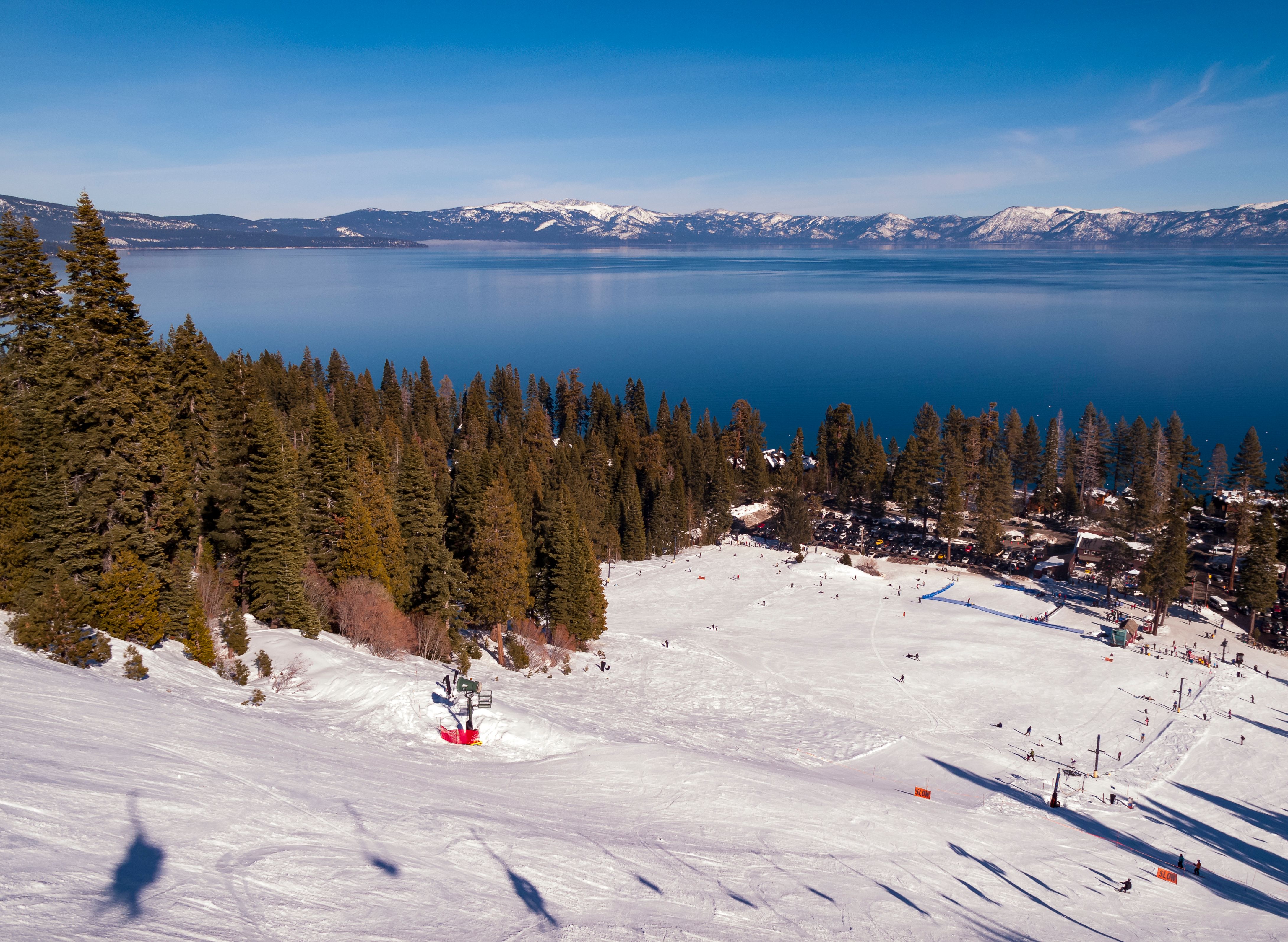 View of Lake Tahoe from ski slope at Homewood Mountain Resort ski area