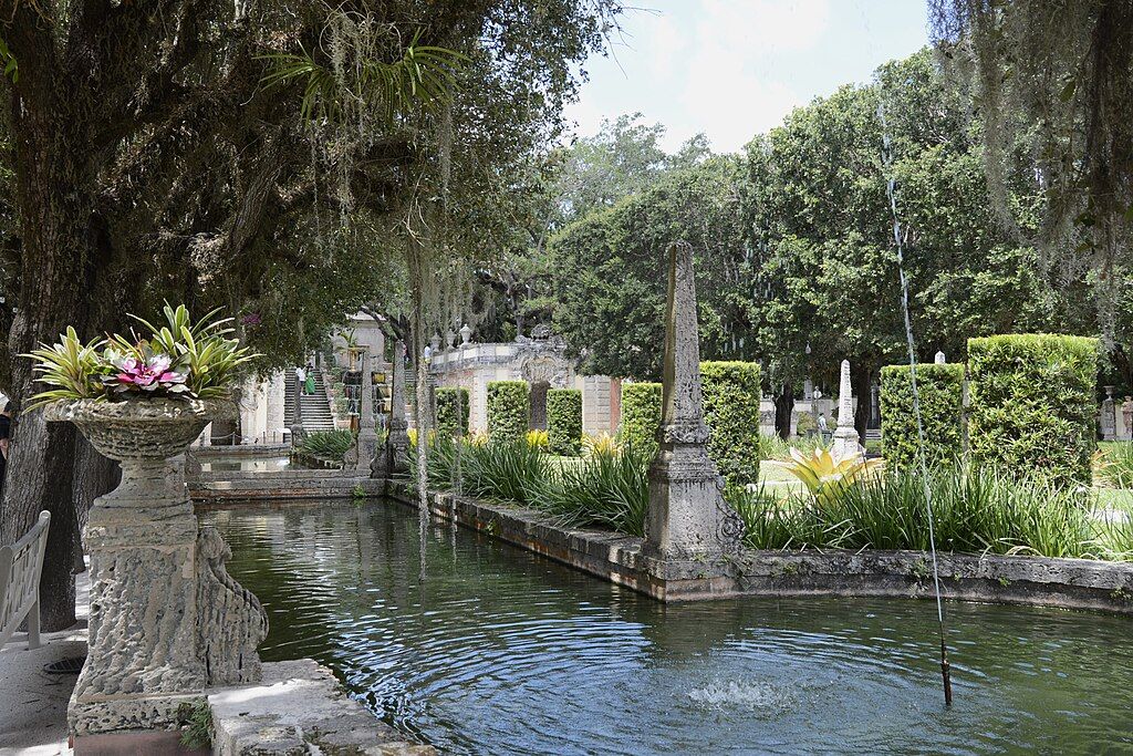 A view of the Italian style fountains and pools at Vizcaya Museum and Gardens in Coral Gables