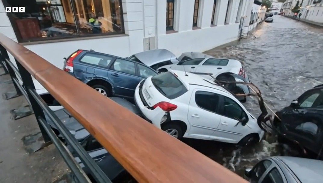 Flash floods in Girona, Spain stack vehicles on top of one another - Image credit BBC News