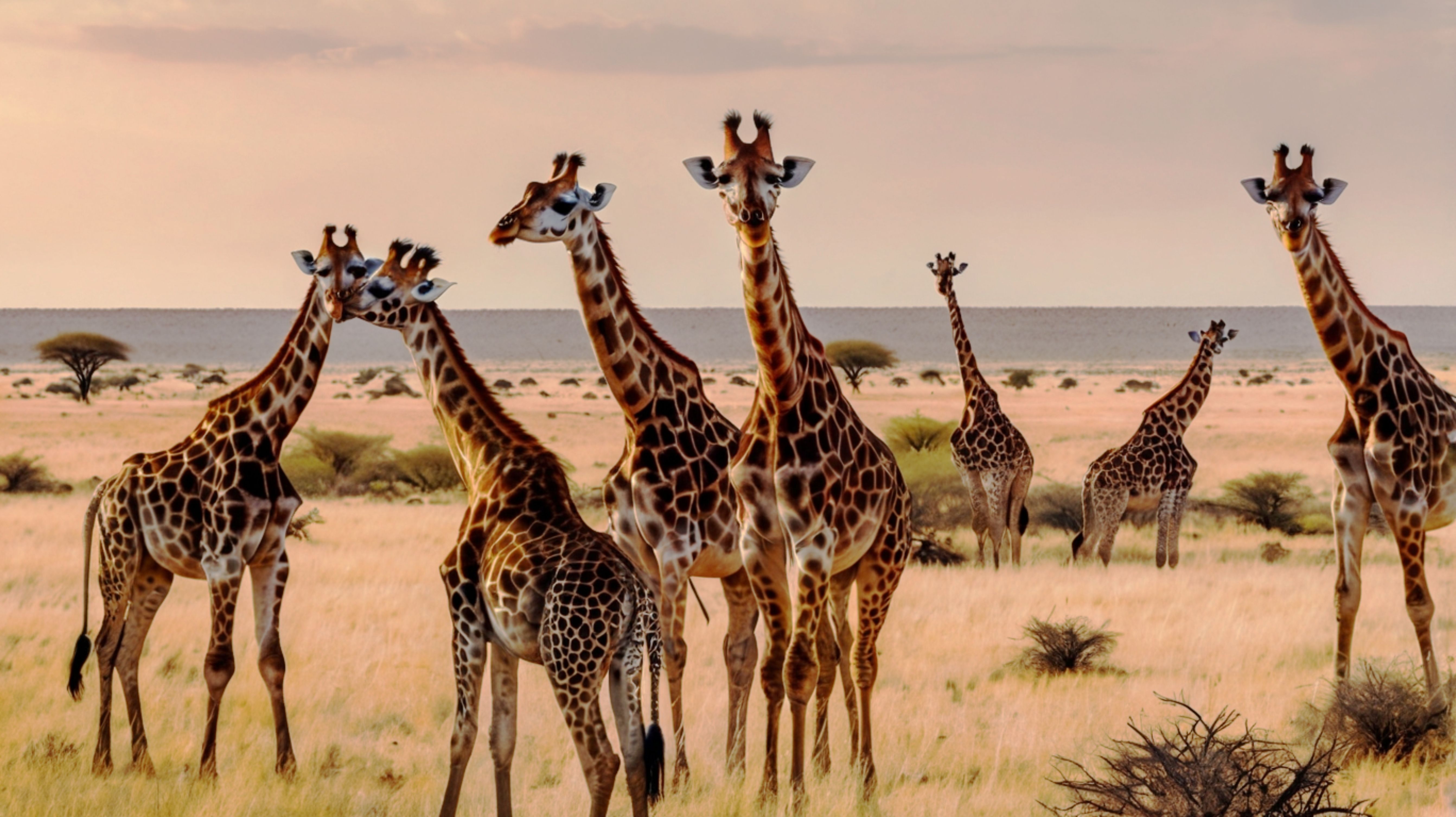 Panoramic landscape with a group of giraffes in Kalahari Desert, Namibia