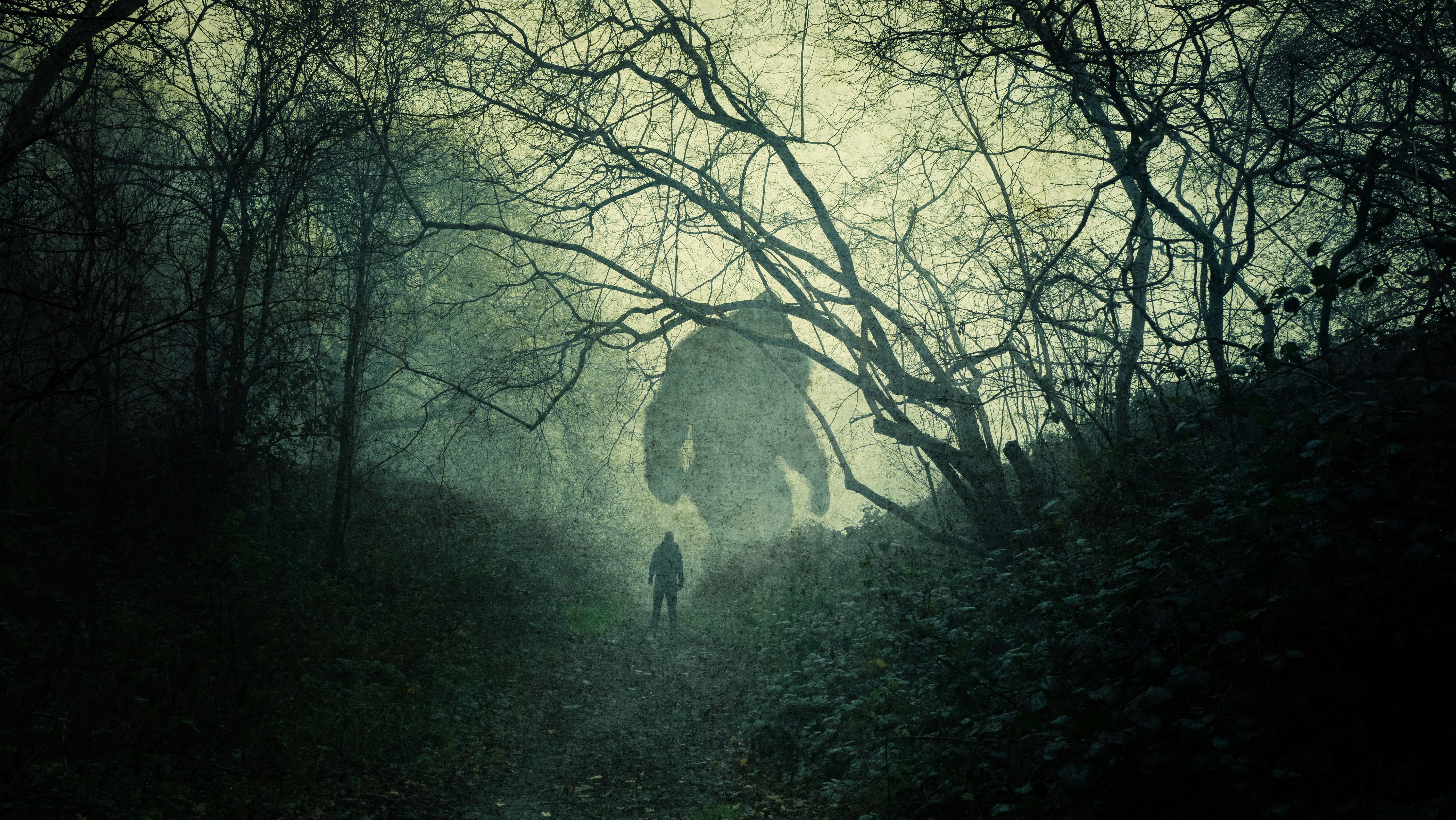 A dark, atmospheric concept of a huge bigfoot monster.