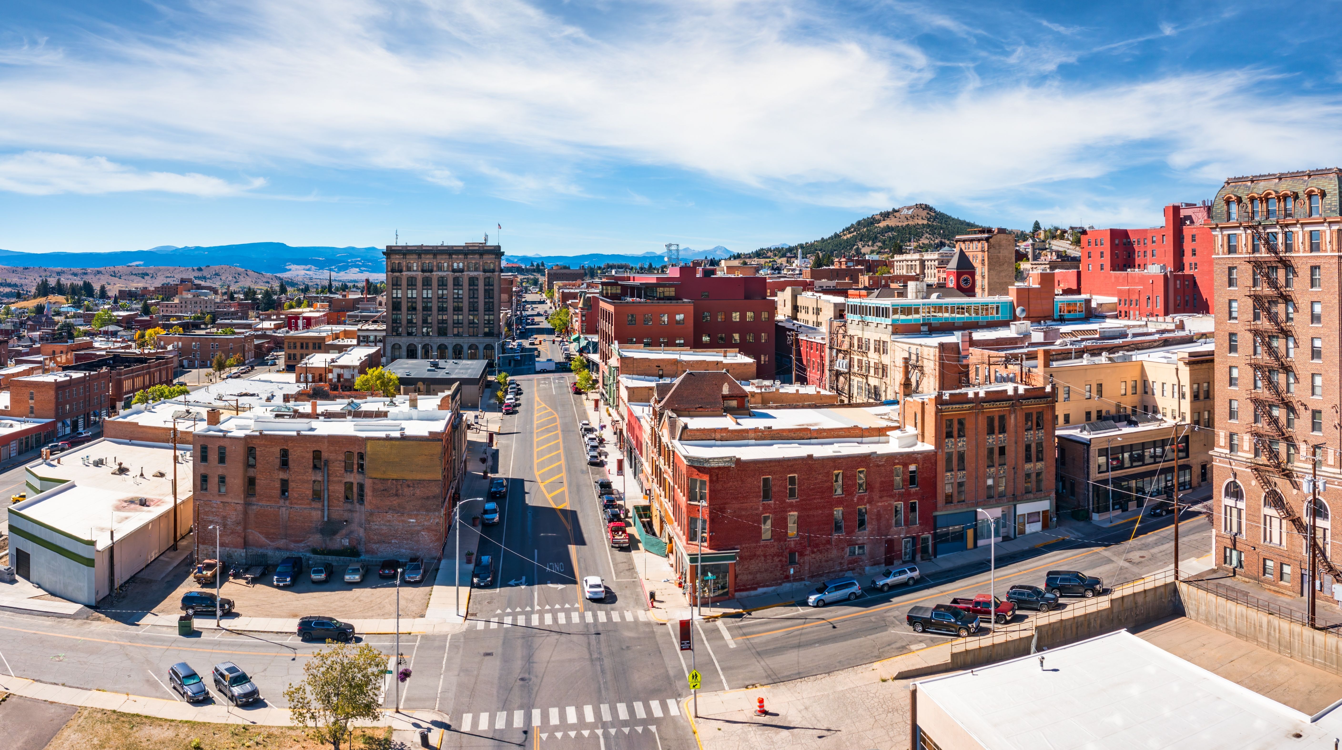 Aerial panorama of Butte, Montana along Park street