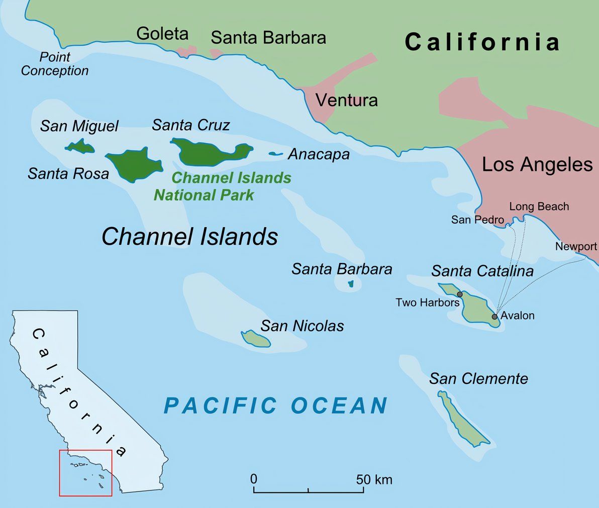 Map of the Channel Islands archipelago in Southern California.