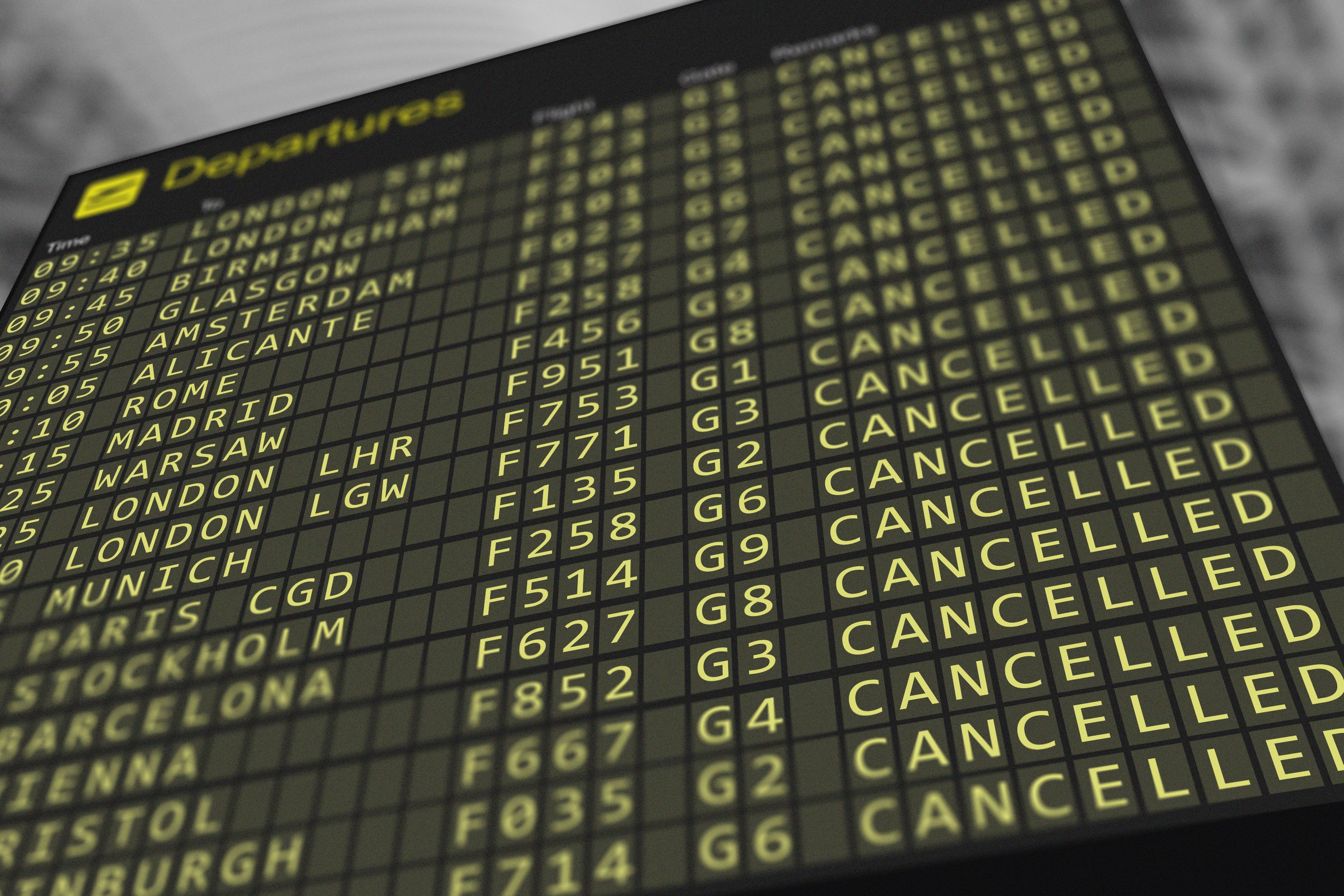 Cancelled flights on 3D illustration of Airport Departure board