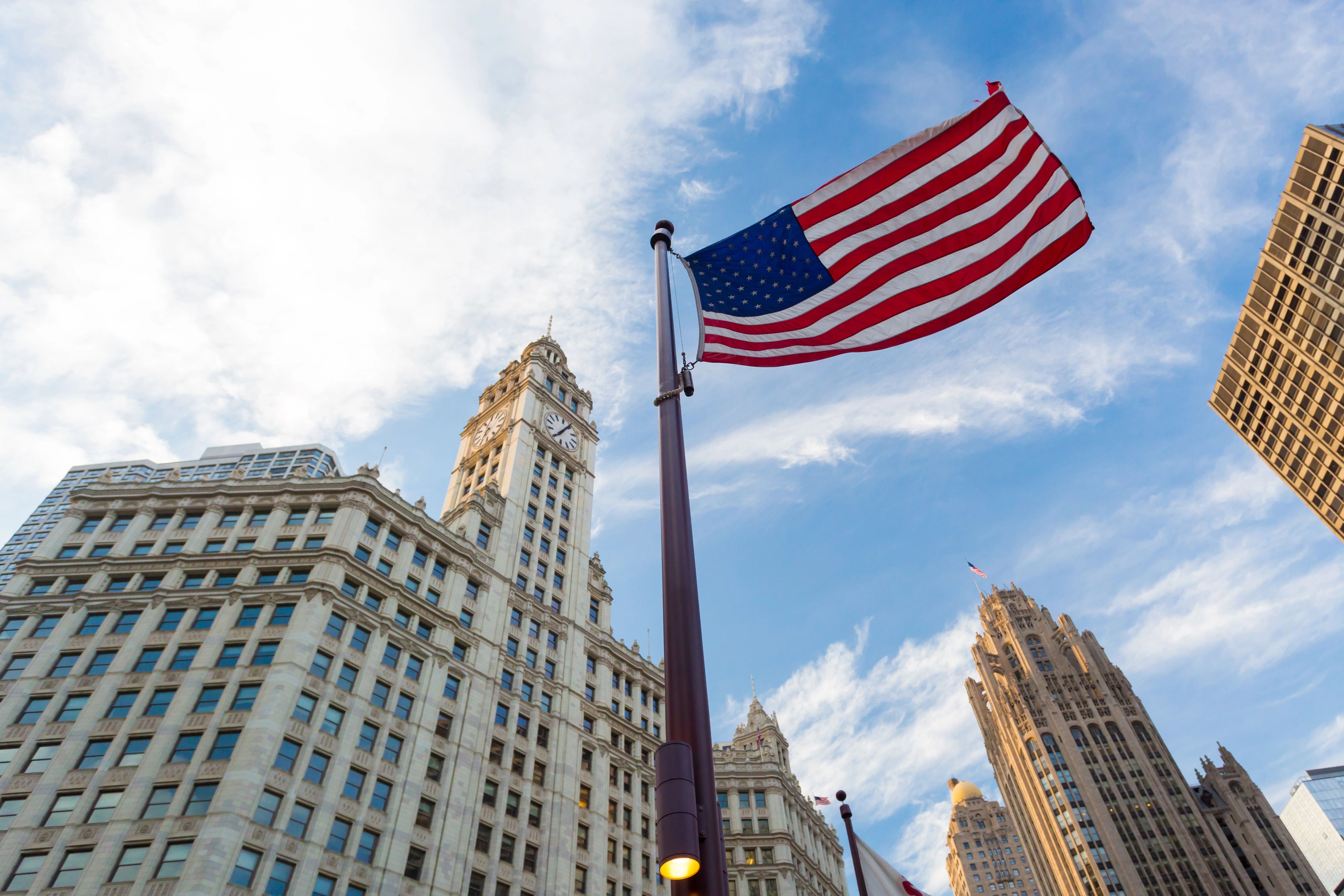 American flag flies in the city of Chicago, IL