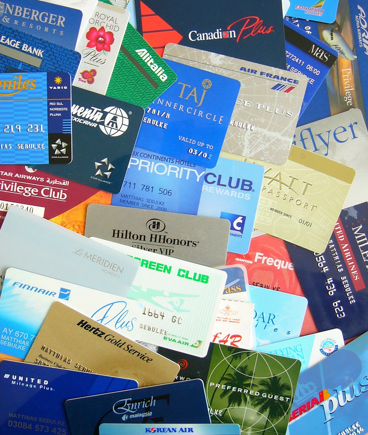 Different customer loyality cards (airlines, car rental companies, hotels etc.)