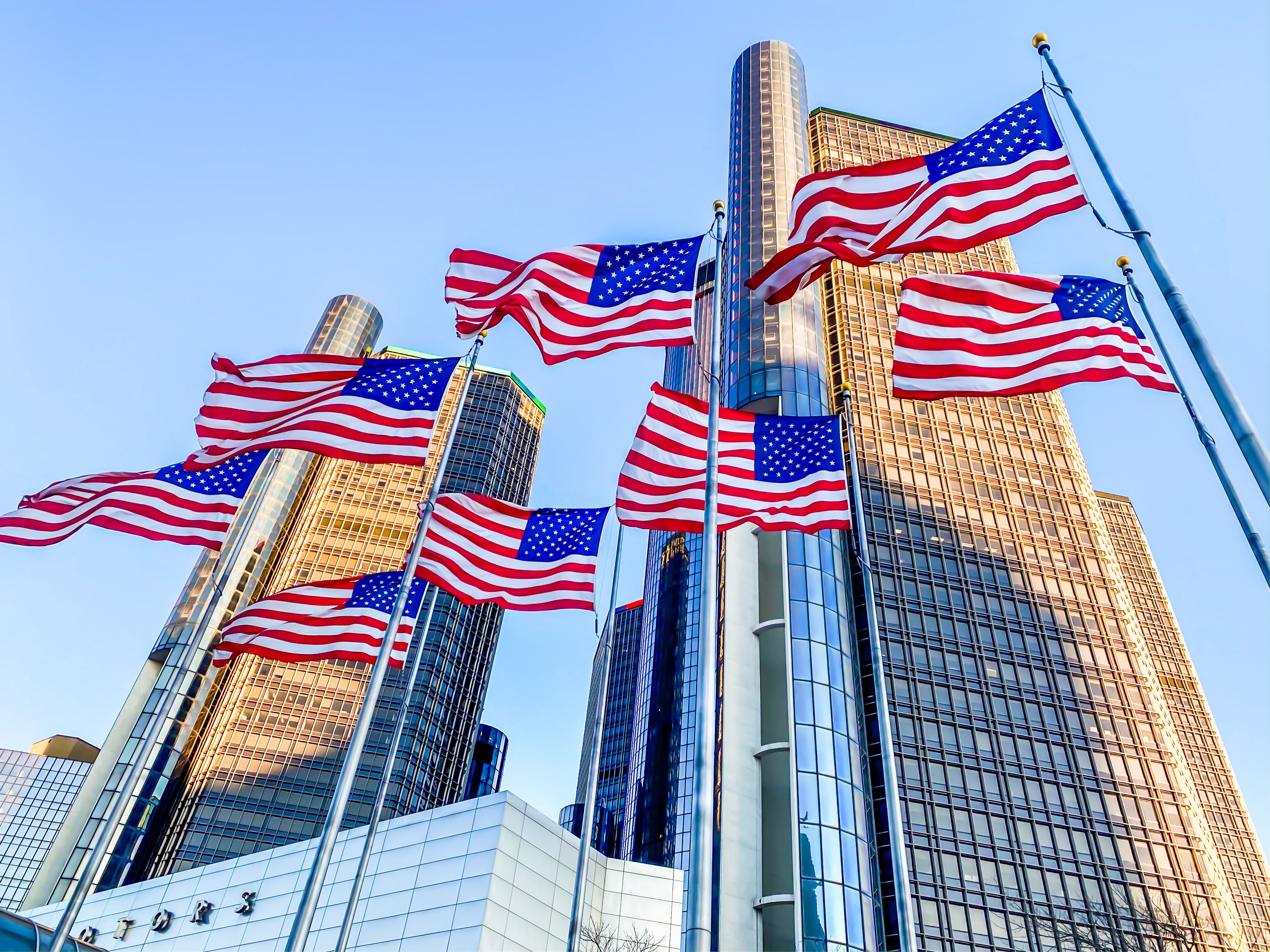 Detroit city center flags flying