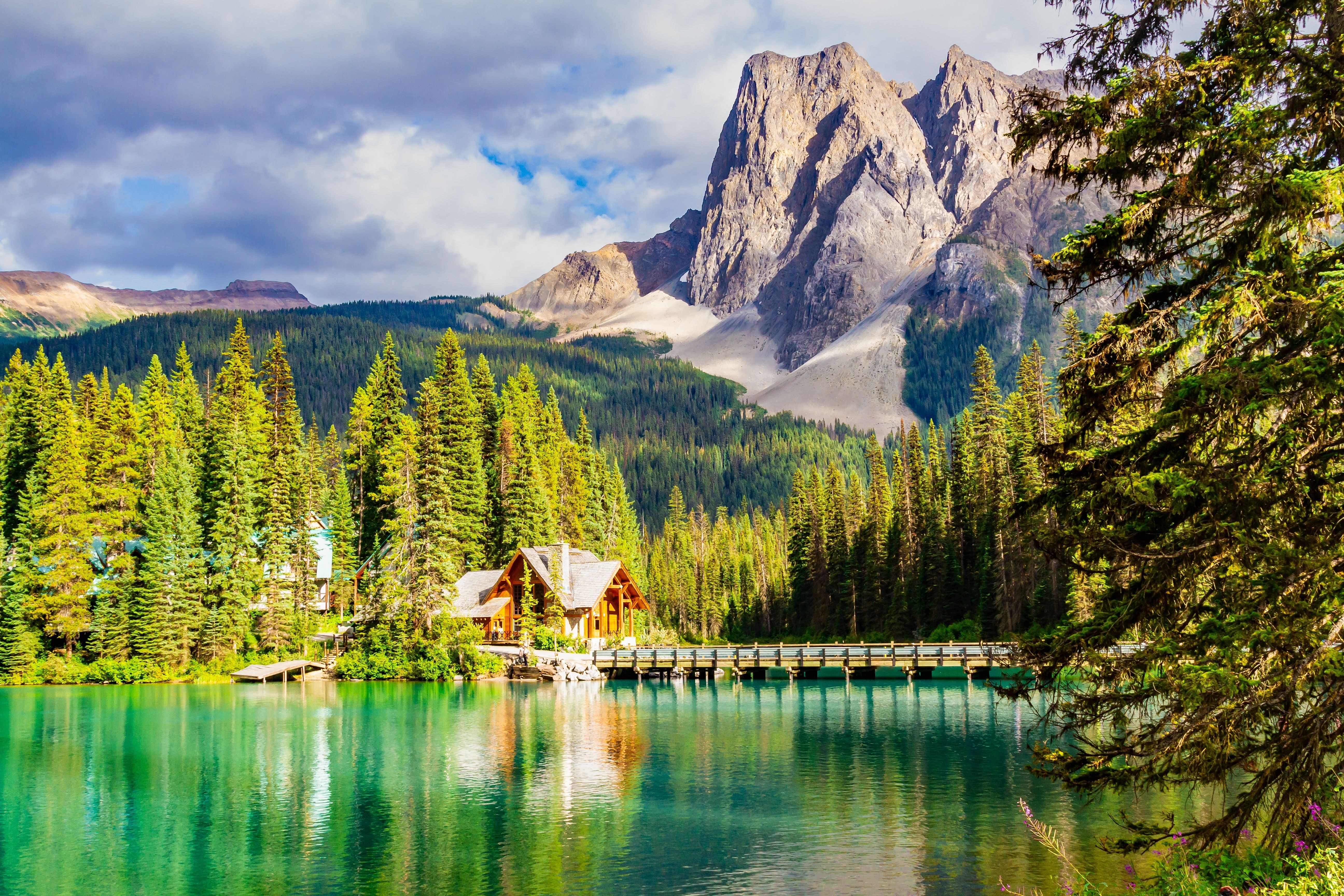 Chalet at base of Canadian Rockies next to Emerald Lake