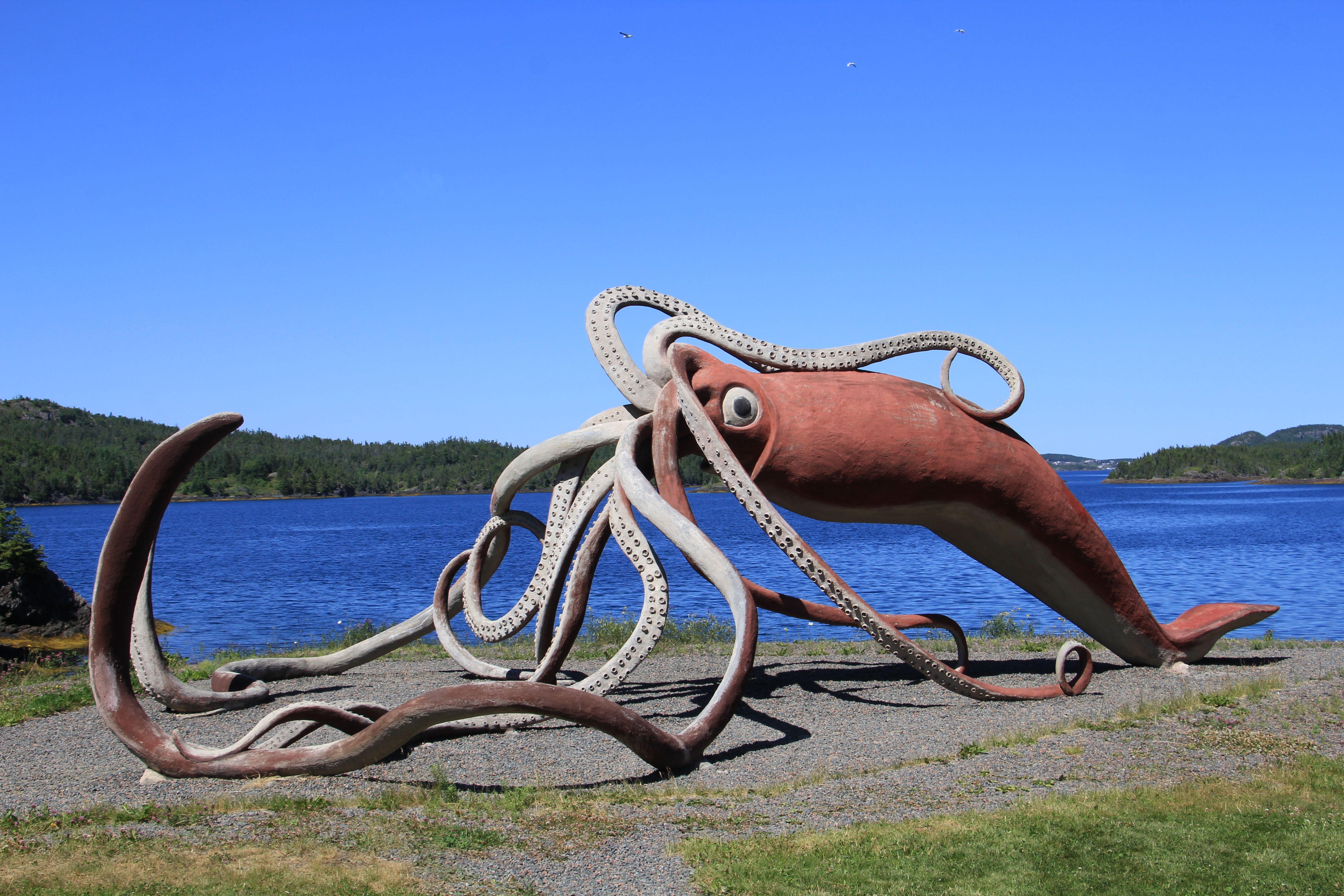 Thimble Tickle Giant Squid Statue, Glover Port, in the Canadian region of Newfoundland and Labrador.