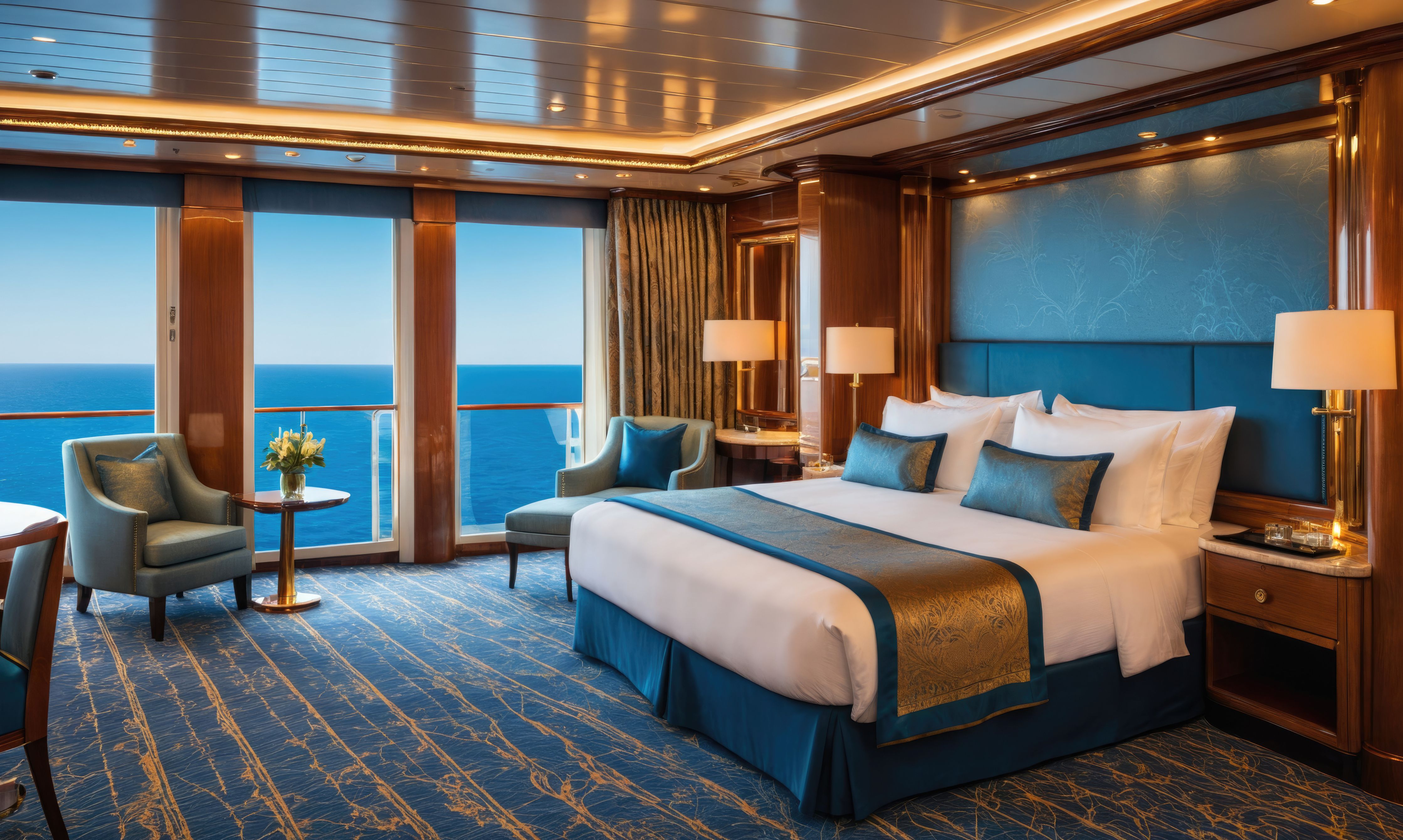 A luxurious cruise ship cabin with a stunning view of the ocean
