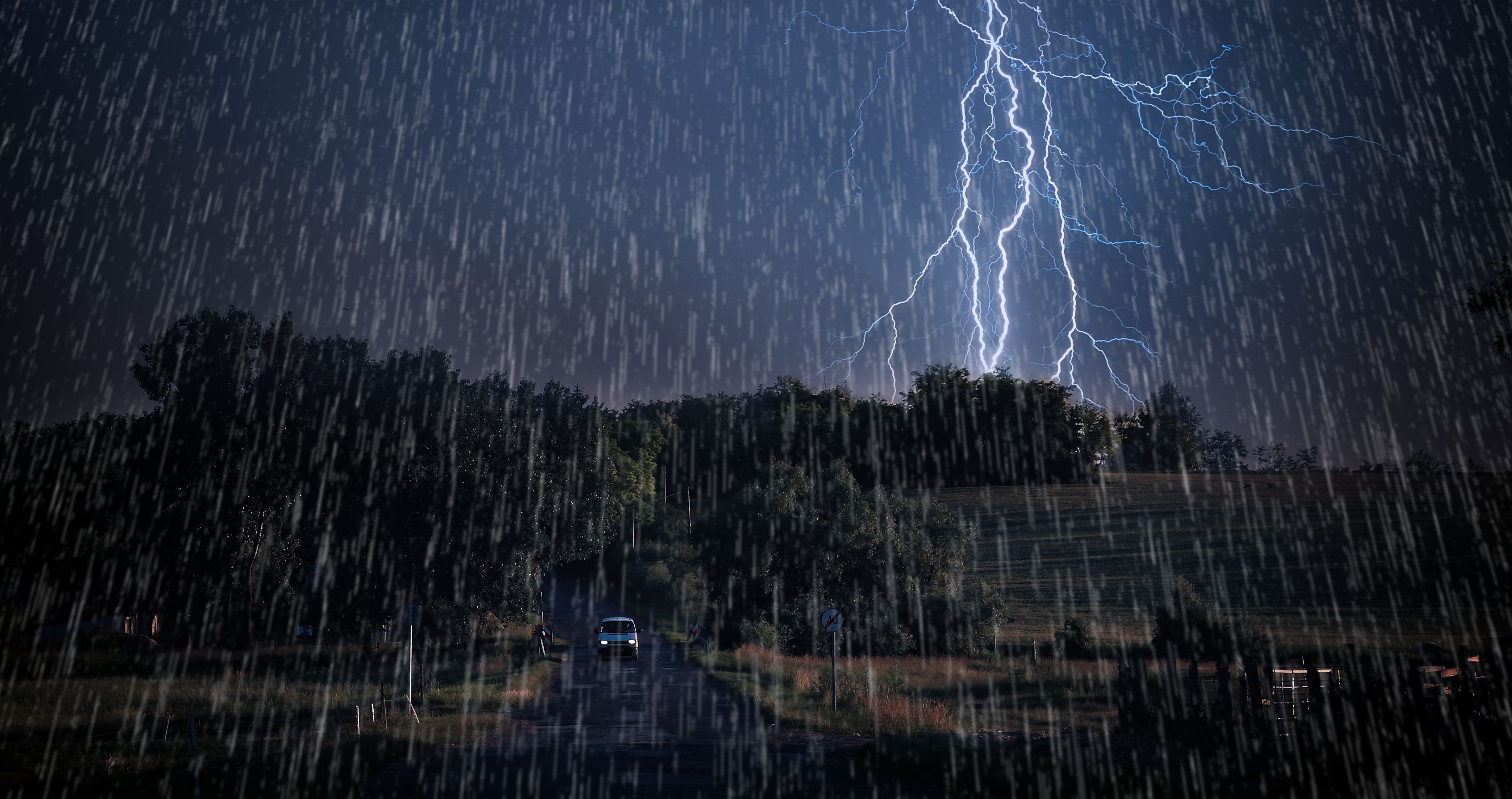 Driving a car during heavy rain