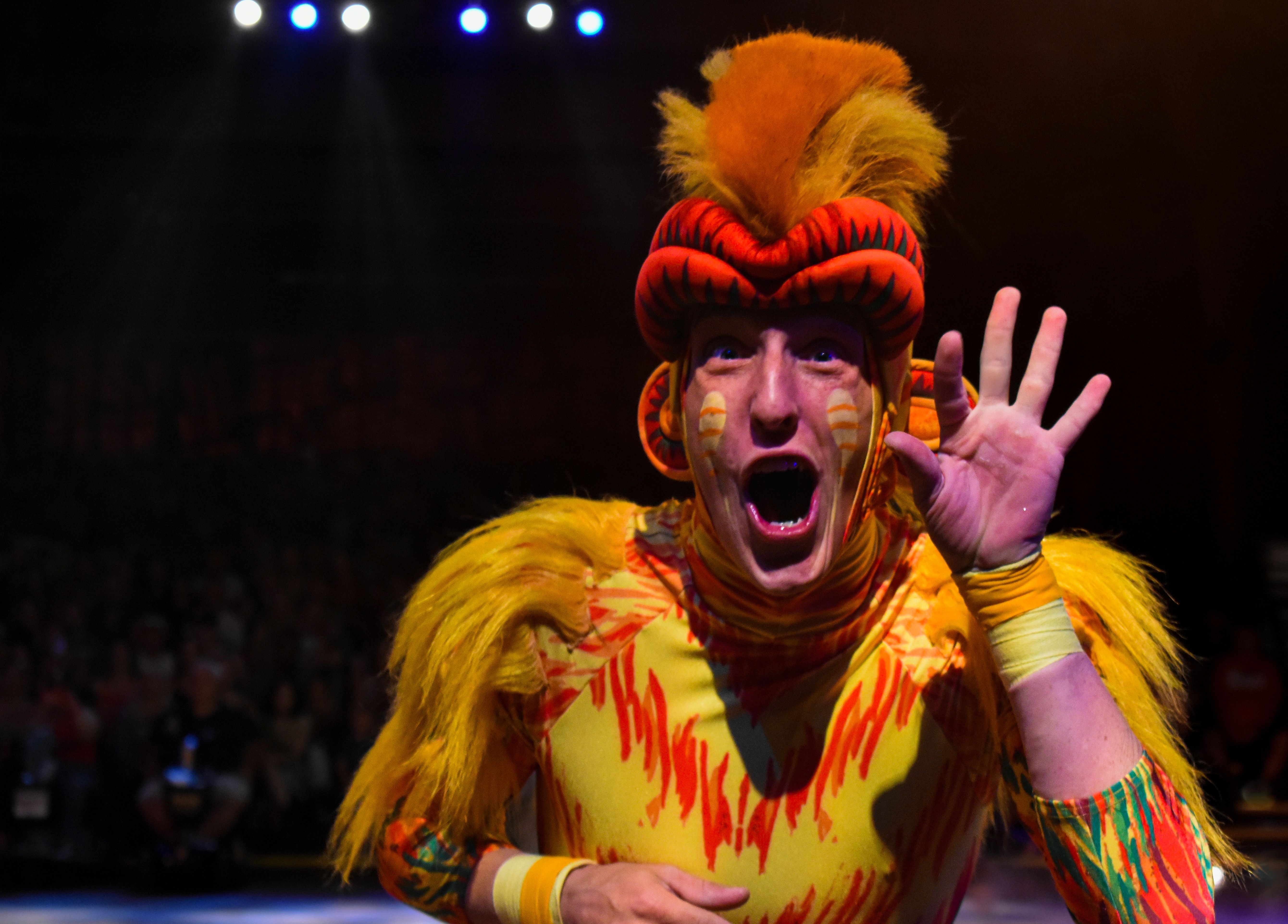 An actor plays with the crowd at Festival of the Lion King, one of the amazing shows at Disney's Animal Kingdom