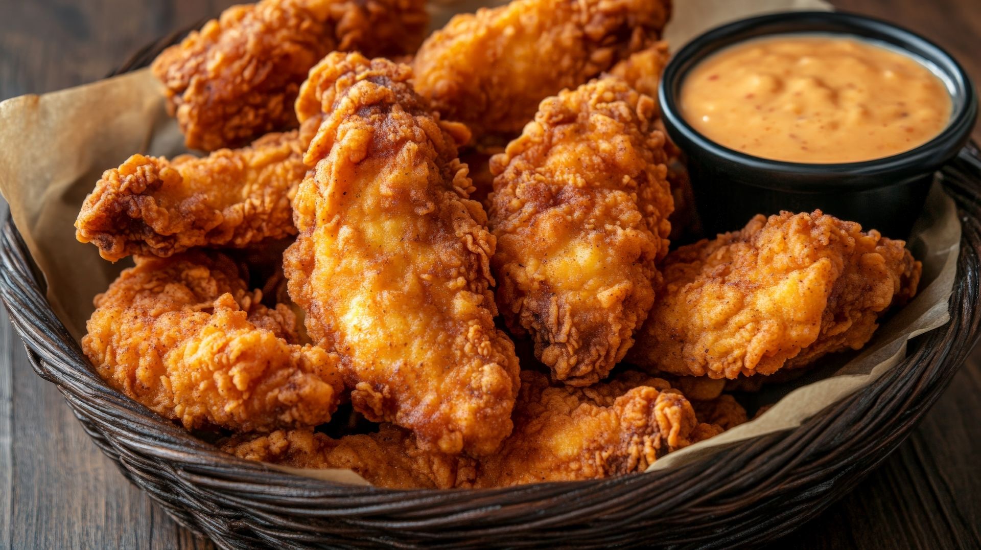 Crispy fried chicken served in a woven basket, garnished with a side of dipping sauce.