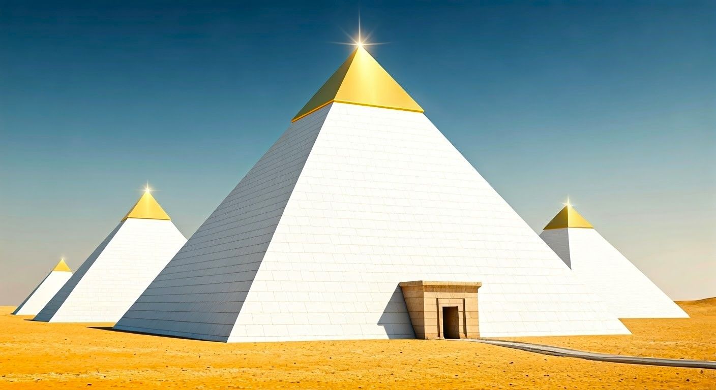 Artistic impression of how the Ancient Egyptian Pyramids of Giza originally looked when first built