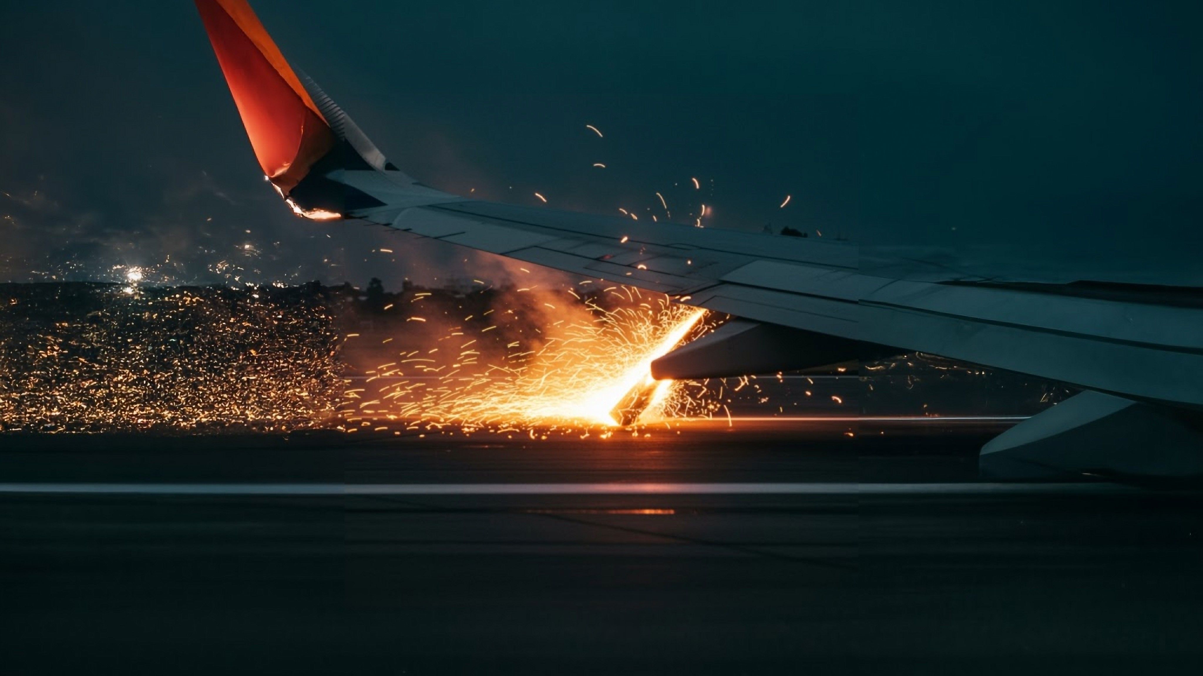 Aircraft wing clips runway while landing, emitting sparks