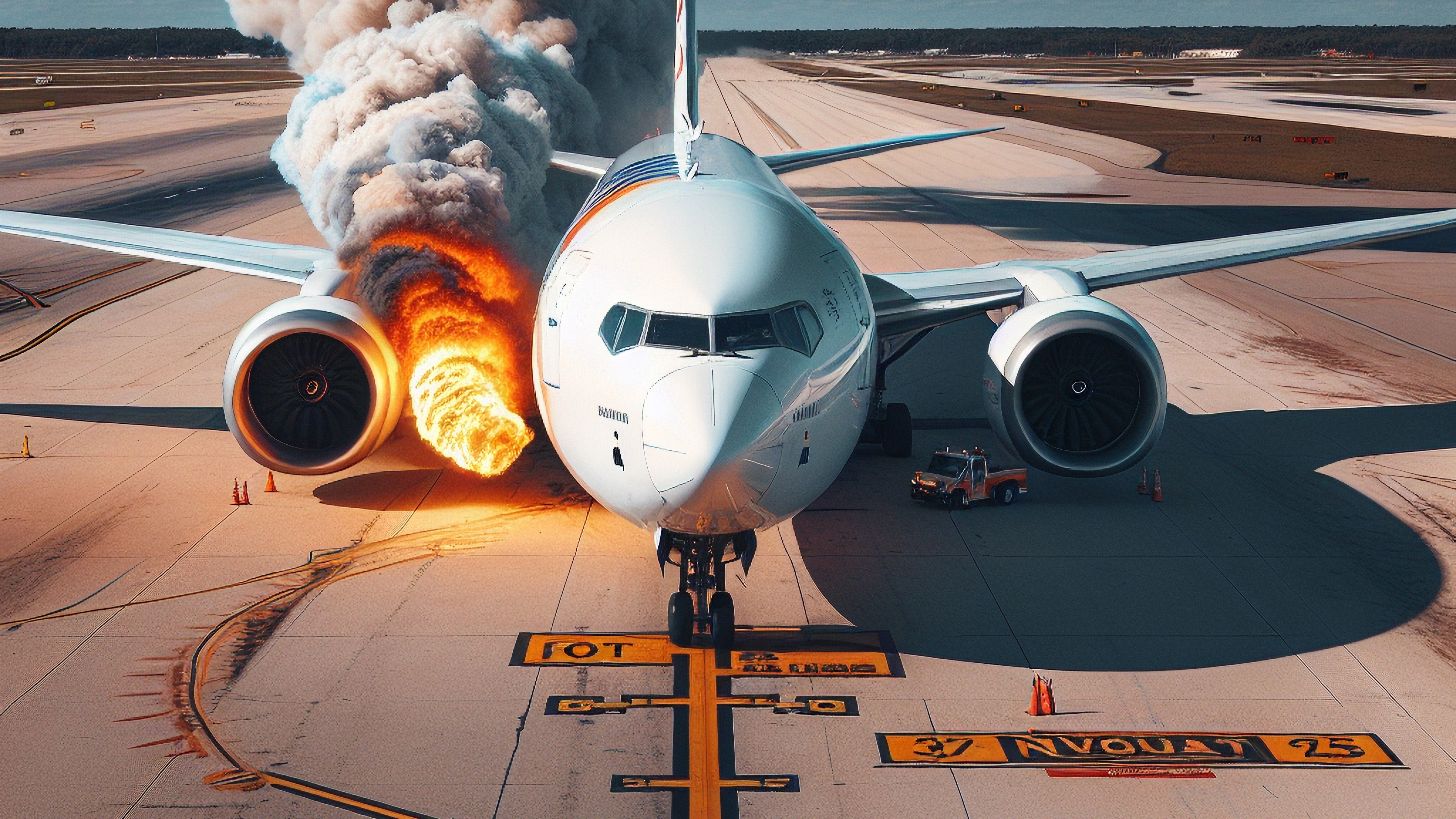 Passenger jet with smoke and flames coming from engine