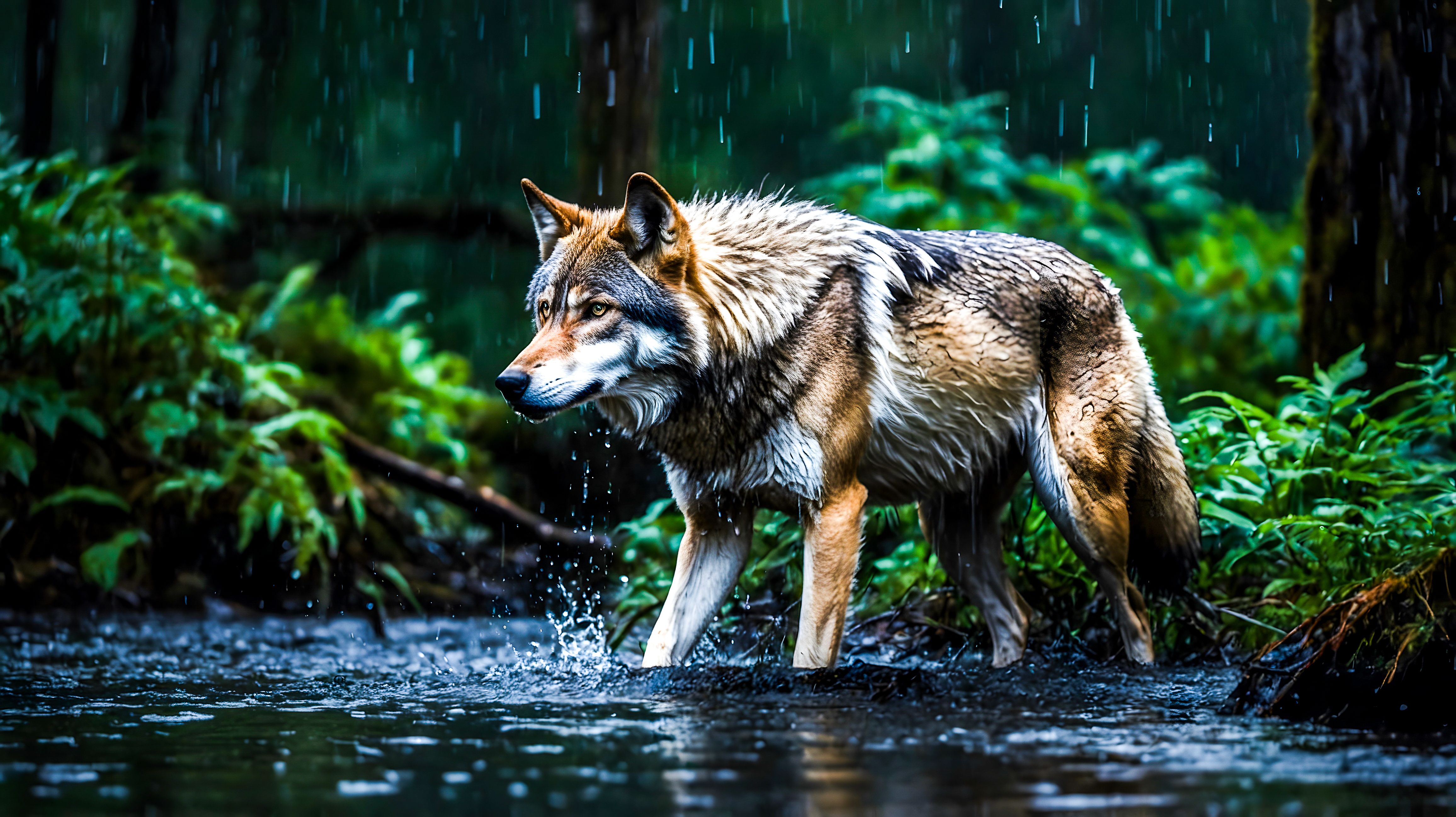 Northwestern Wolf Stalking Through Rain-Soaked Forest