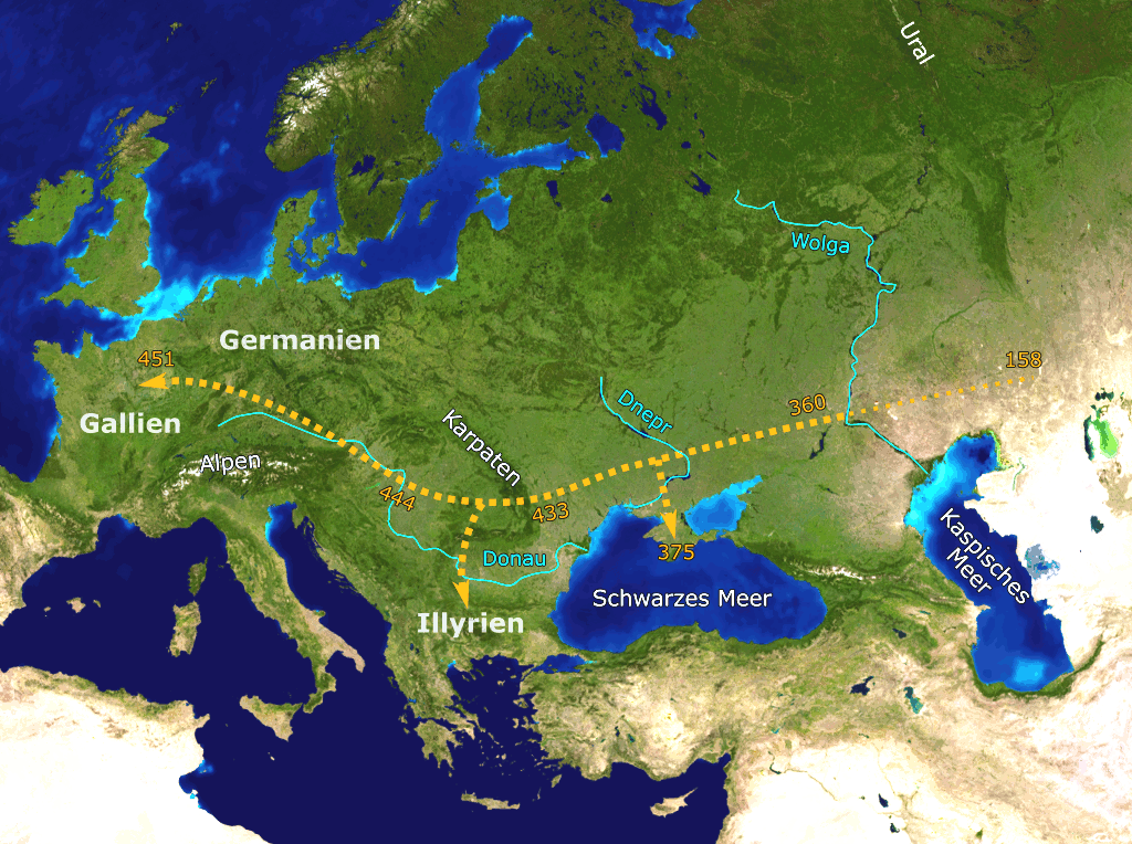 Path of the Huns through Europe