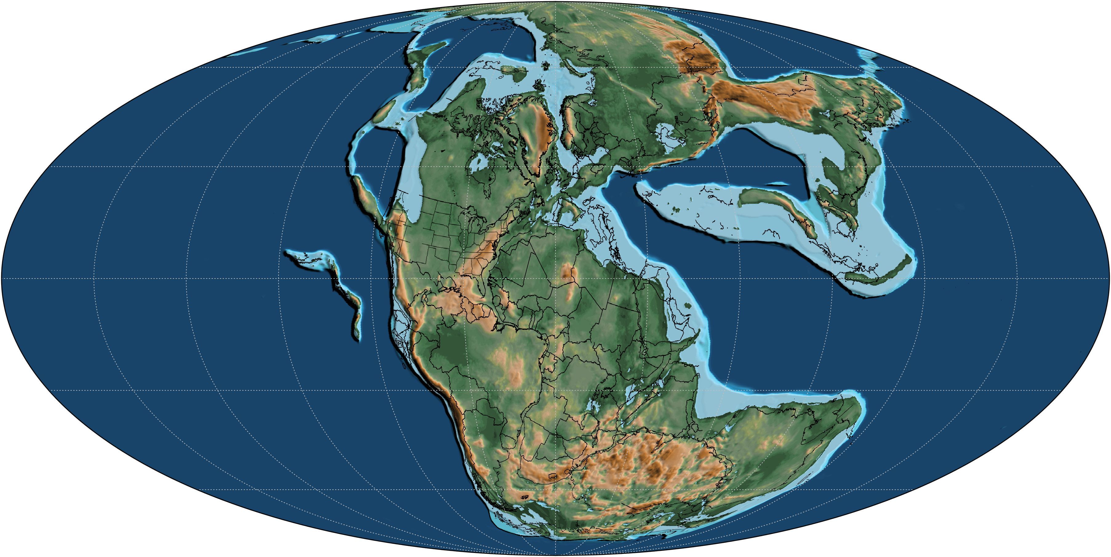 Earth Paleographic Map of Triassic, Norian Stage, 225 million years ago; South America, Africa, Antarctica and Australia are combined together as one supercontinent