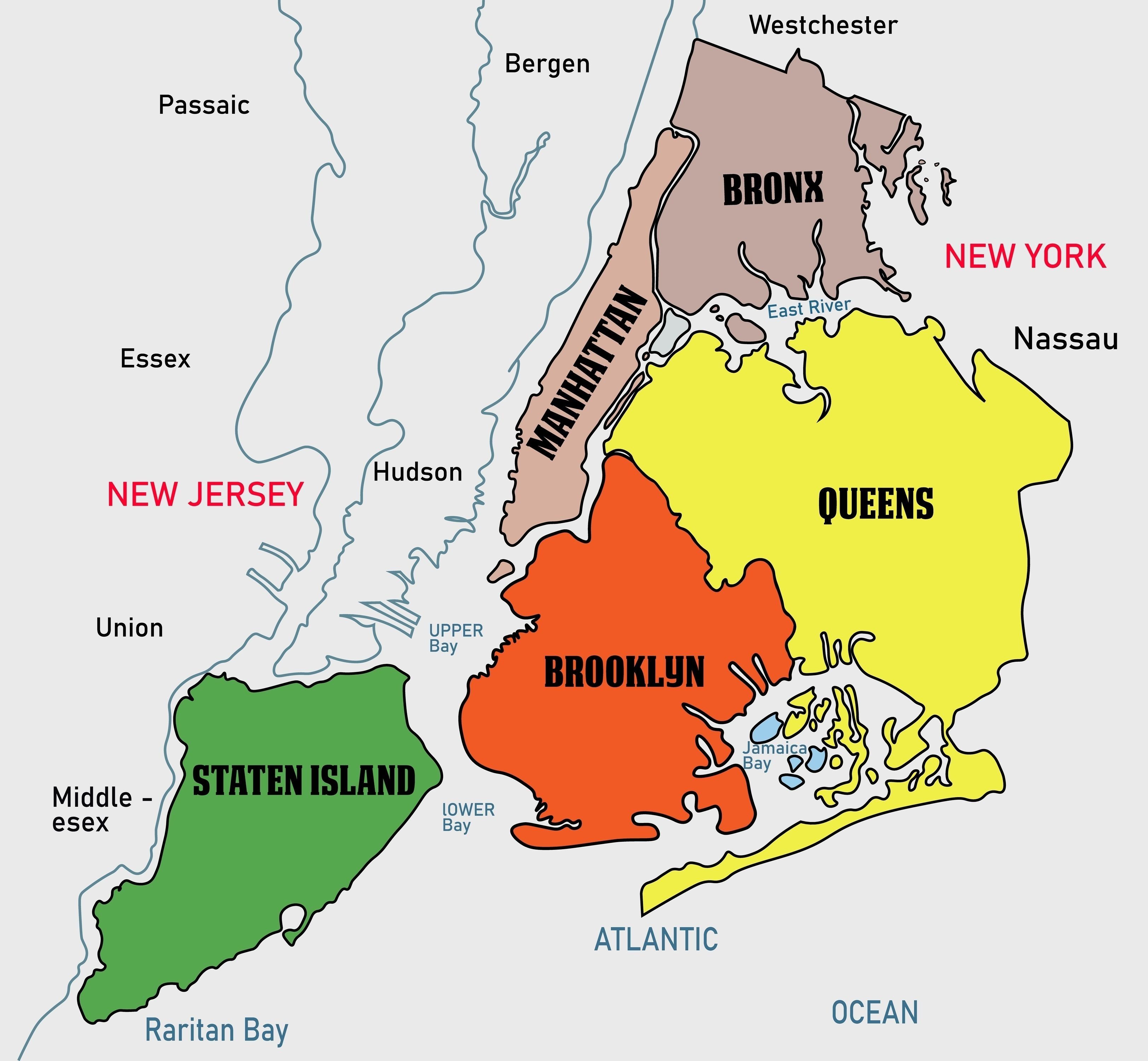 An illustrated map showing the five boroughs of New York City: Manhattan in pale pink; the Bronx in tannish-purple; Queens in yellow, Brooklyn in red; and Staten Island in green.