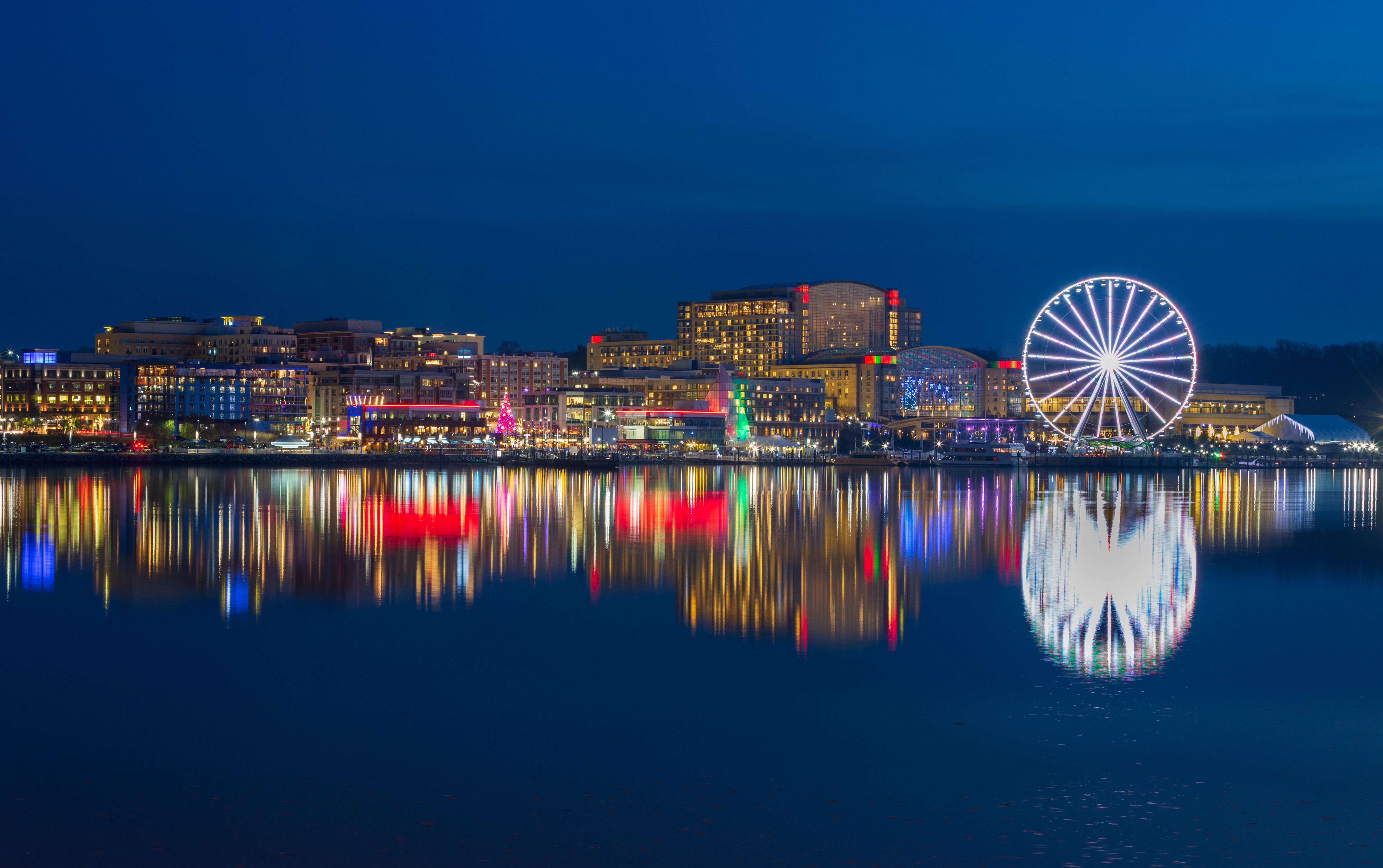 Skyline of the National Harbor illuminated waterfront,