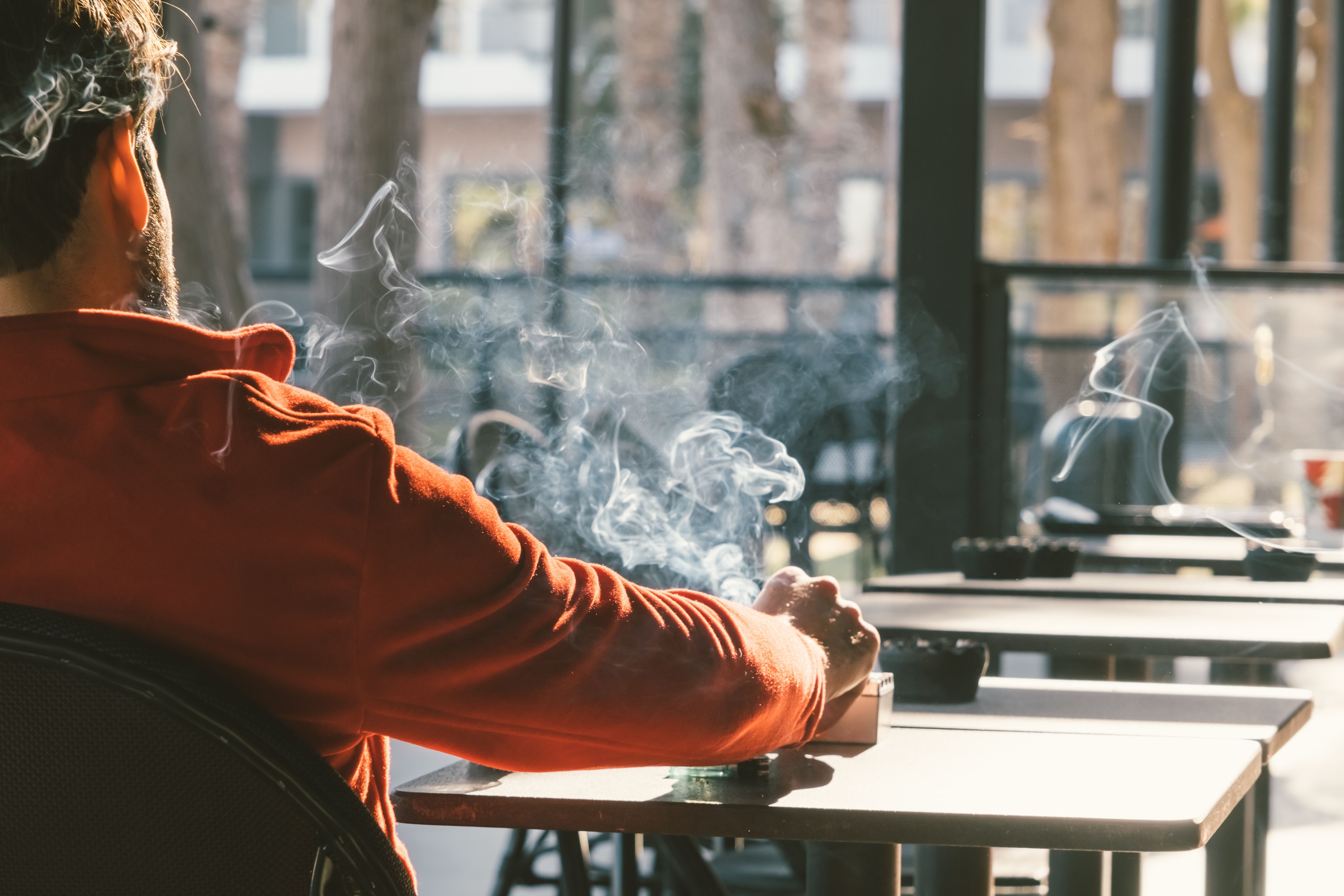 Back view of man smoking tobacco cigarette in cafe.