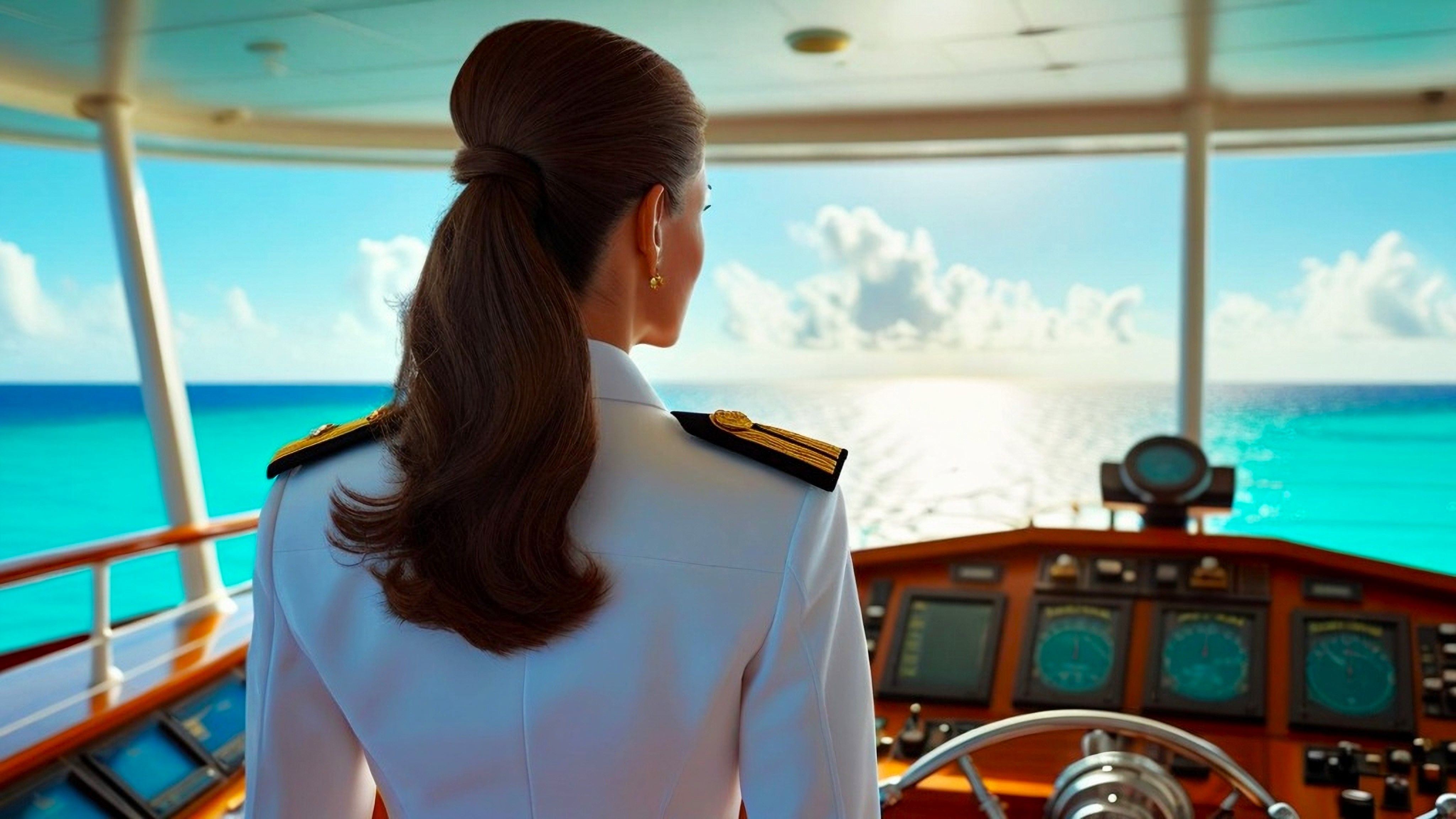 Technical impression of a captain of tourist ships for women looking at the tropical turquoise ocean