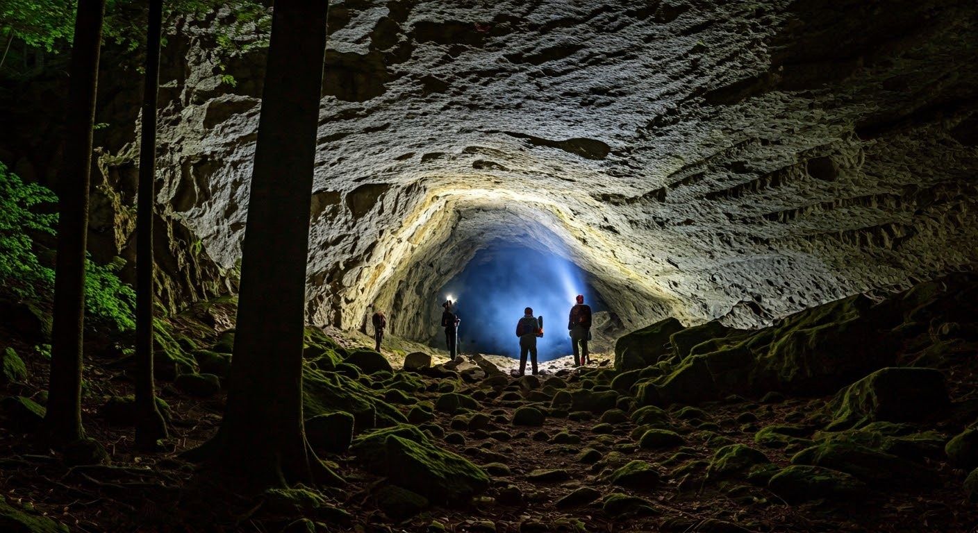 Artistic Impact of archaeologists shining flashlight into a dark cave in the forest