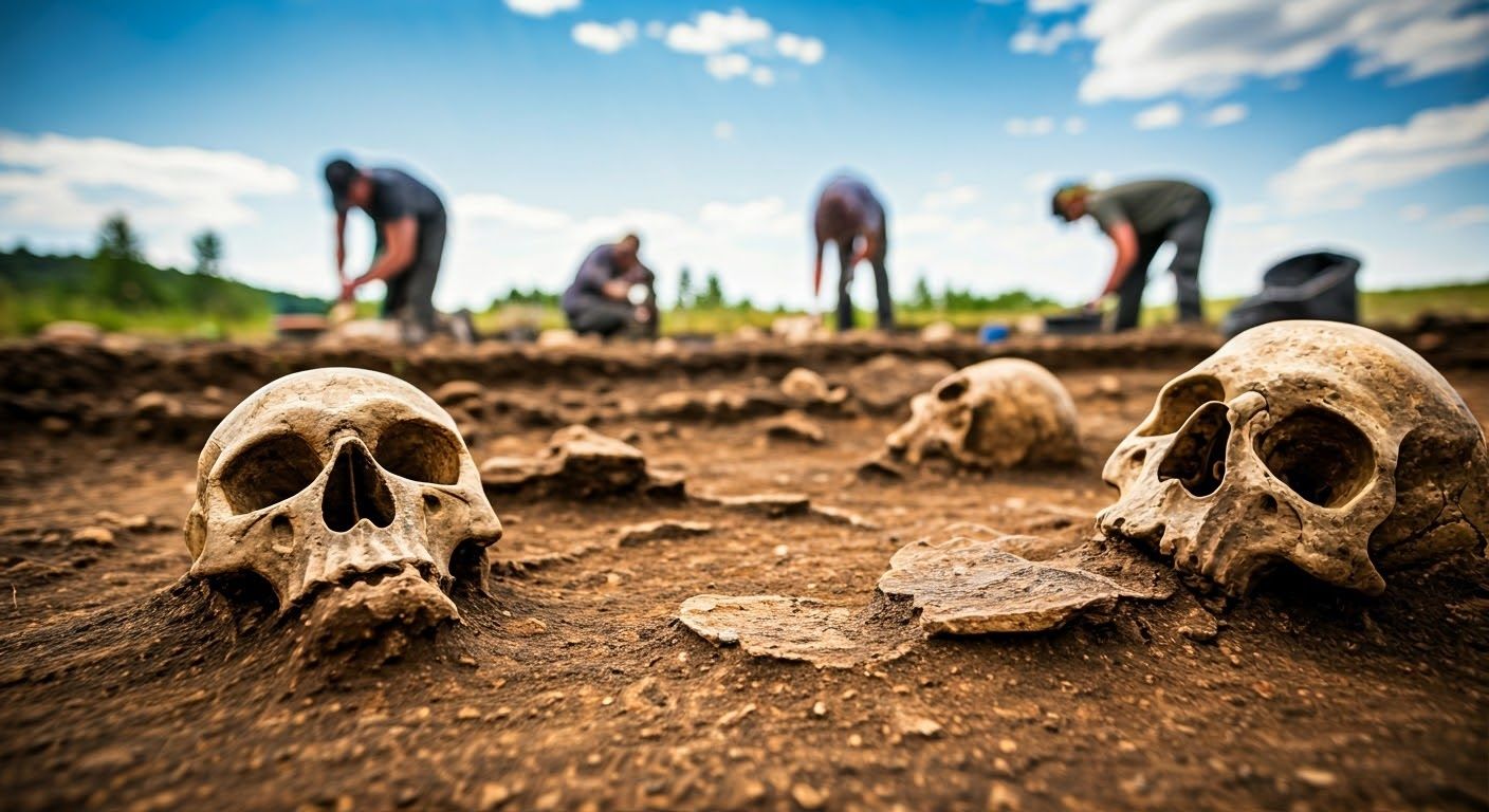 Artistic Impact of archaeologists digging an ancient human skull on the digging site